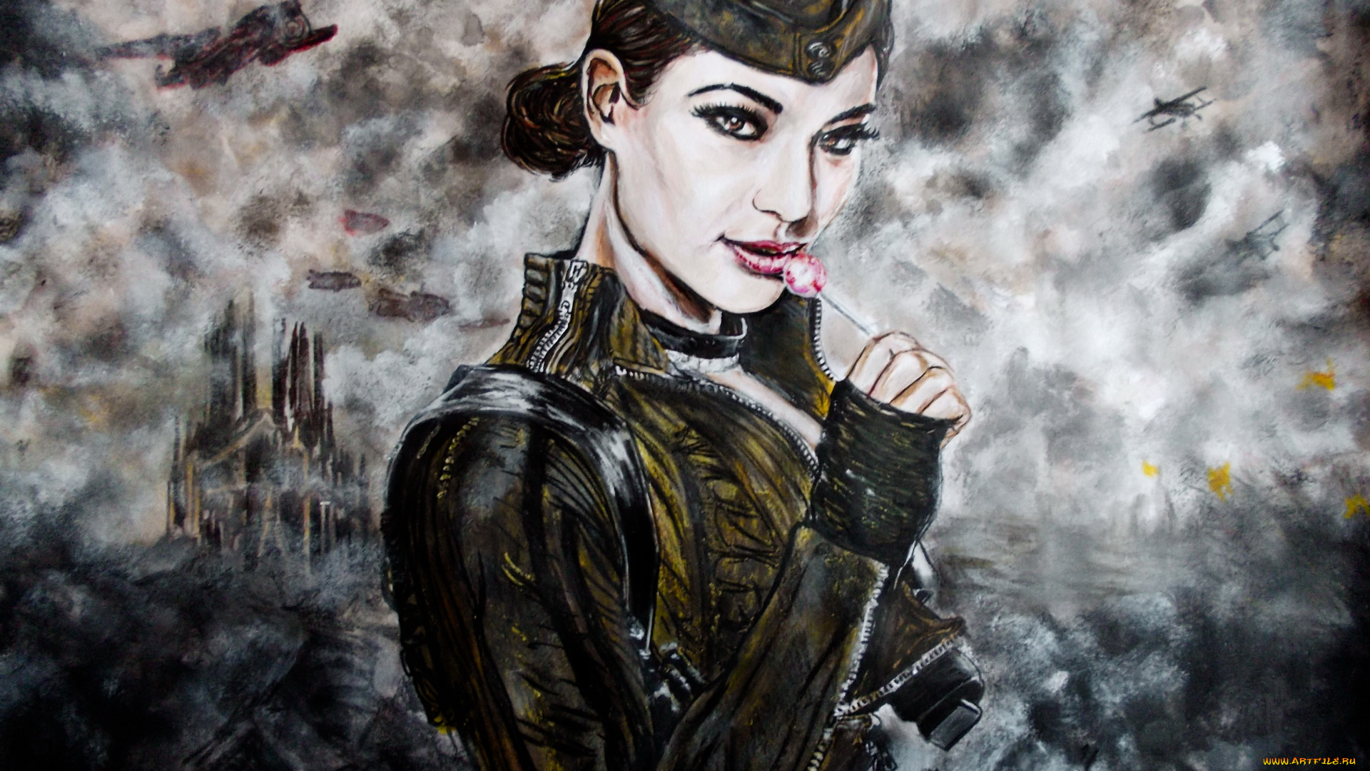 рисованное, живопись, девушка, фон, взгляд, пилотка, самолет