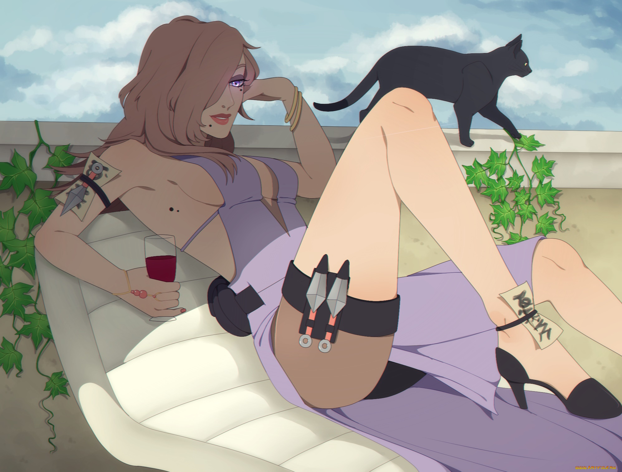 рисованное, люди, взгляд, девушка, кот, фон