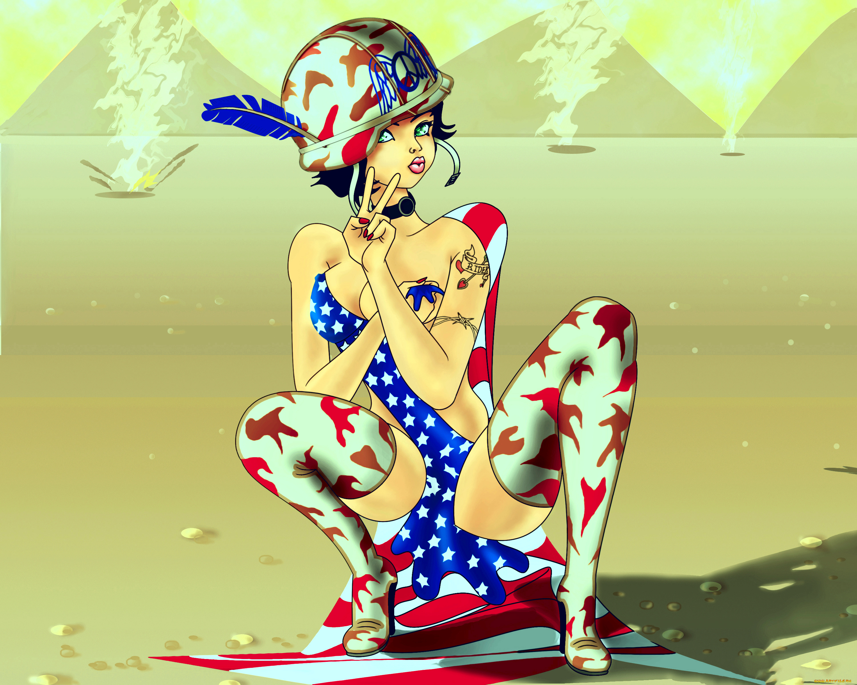 рисованное, комиксы, девушка, фон, взгляд, каска, флаг