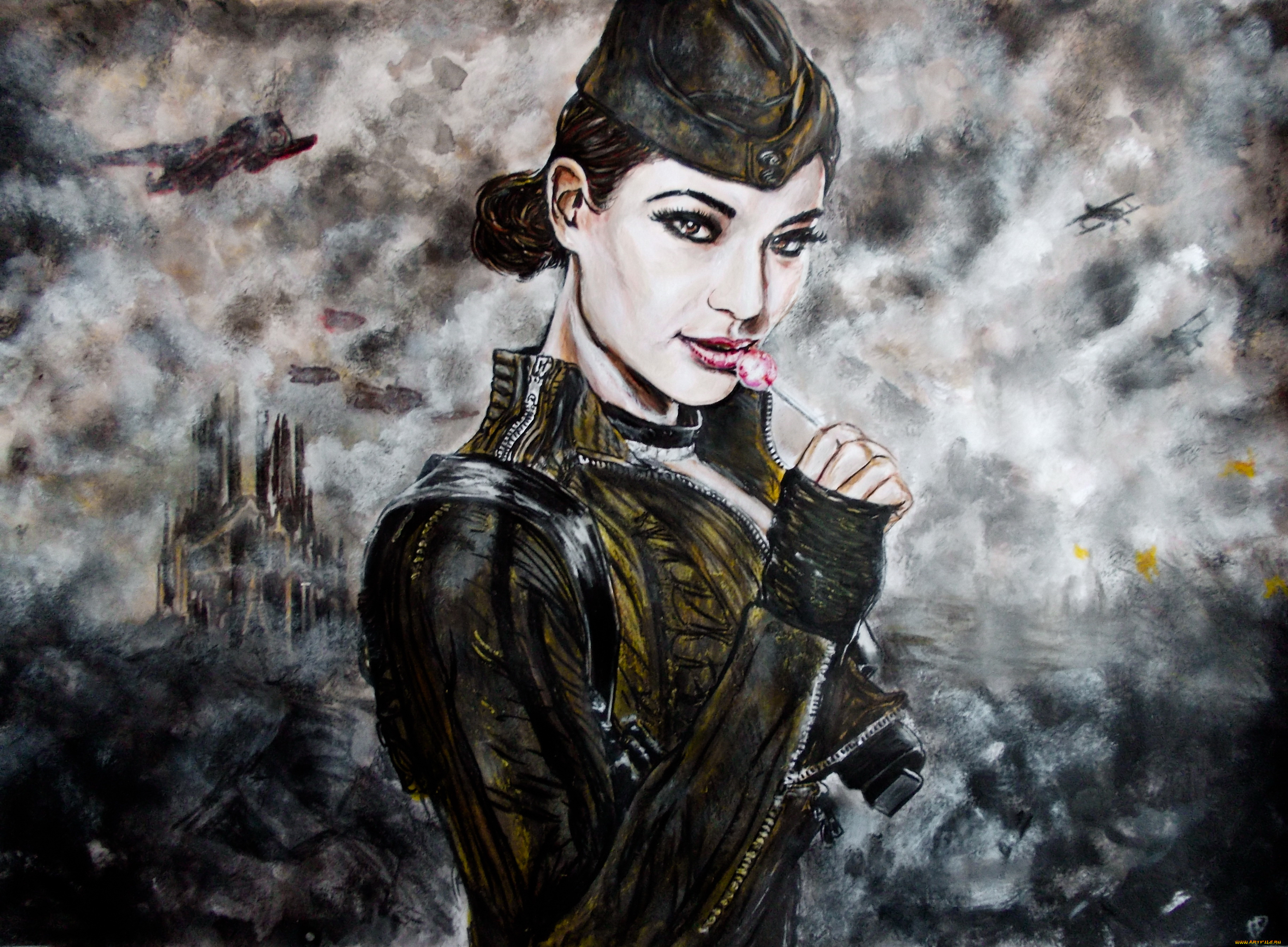 рисованное, живопись, девушка, фон, взгляд, пилотка, самолет