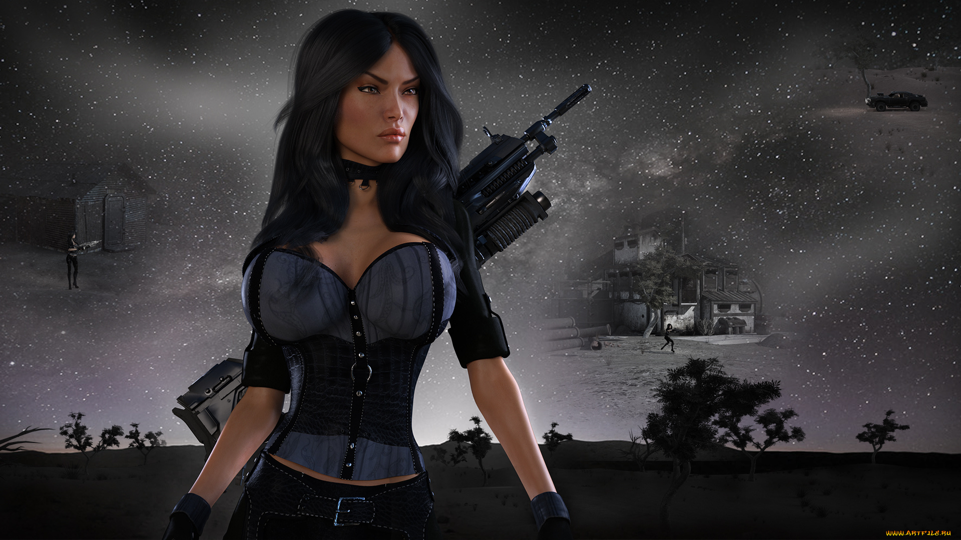 3д, графика, люди, , people, девушка, фон, автомат