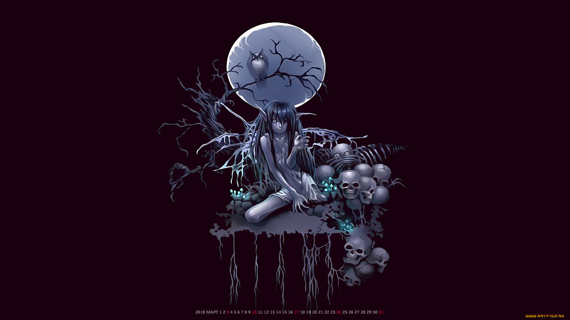 календари, фэнтези, дерево, сова, девушка, луна, череп