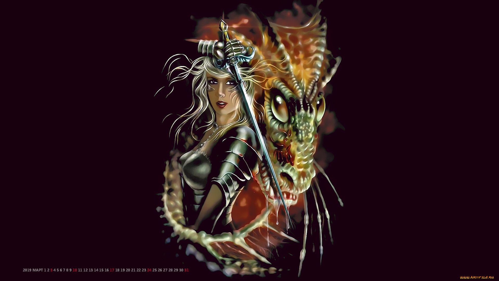 календари, фэнтези, оружие, дракон, девушка