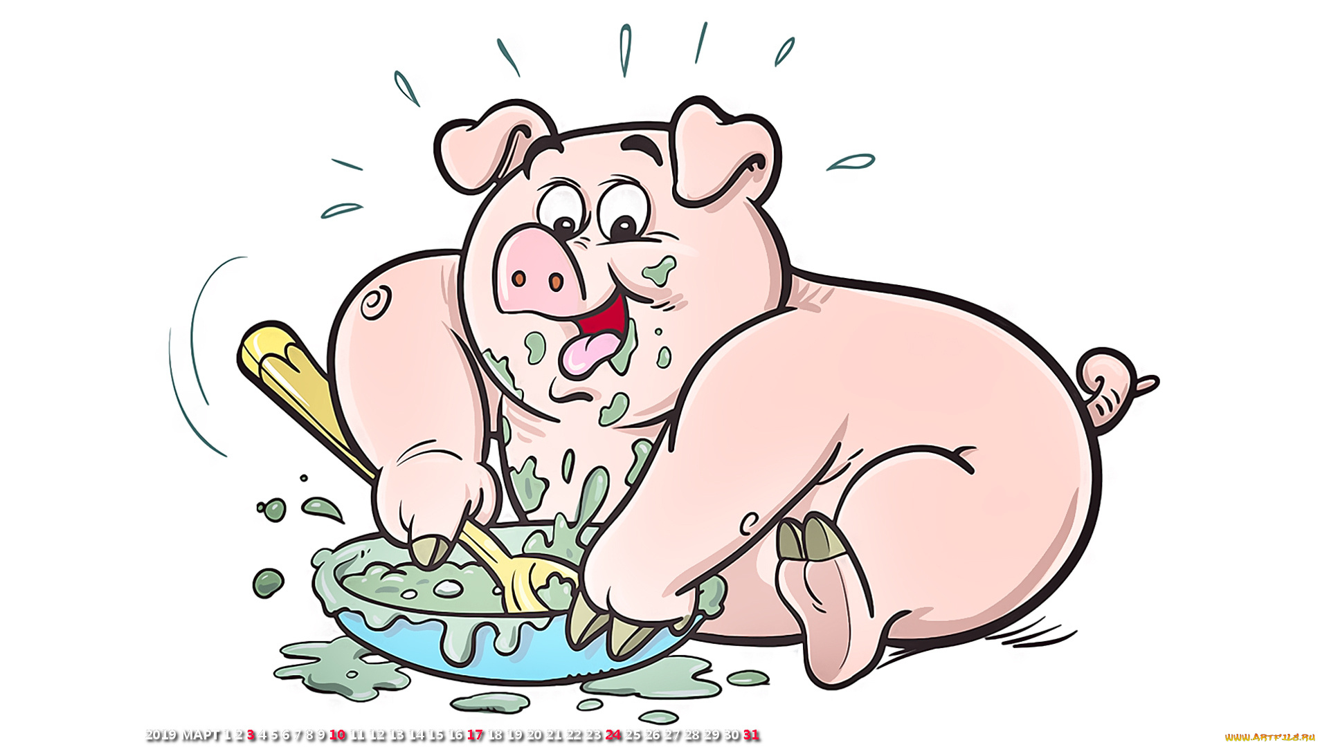 календари, рисованные, , векторная, графика, поросенок, миска, брызги, ложка, свинья