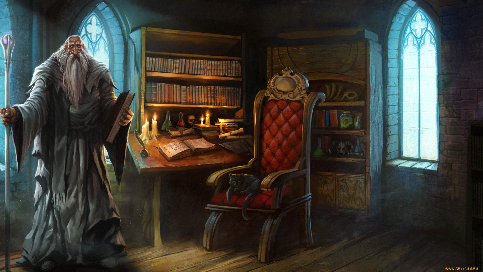 фэнтези, маги, , волшебники, старик, комната, кот, борода, посох, обстановка