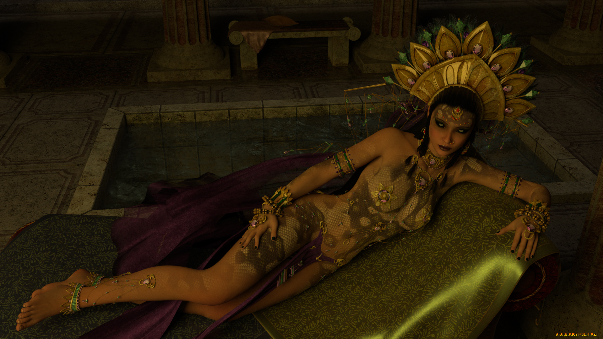 3д, графика, фантазия, , fantasy, девушка, фон, взгляд, платье, кокошник, бассейн