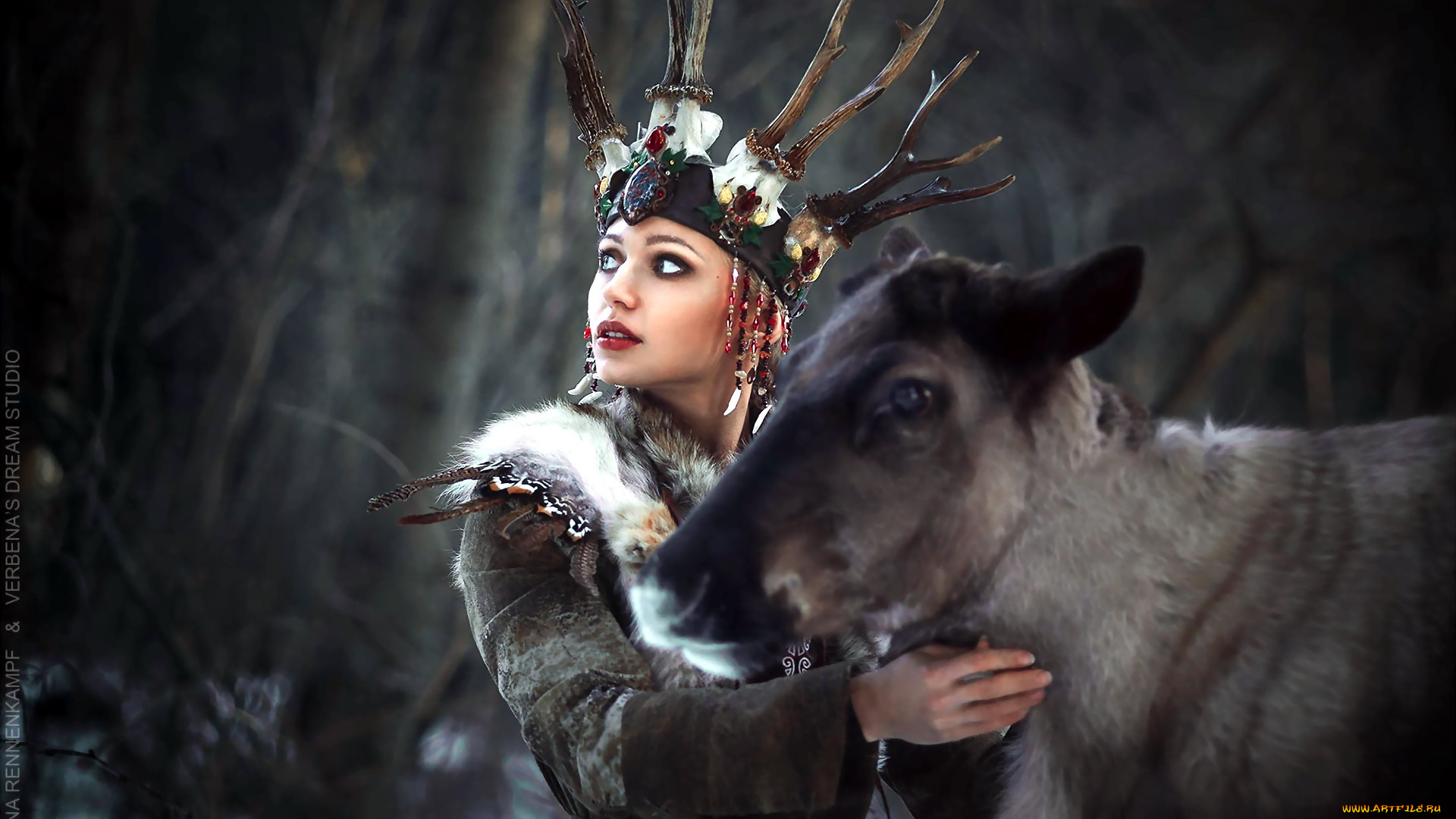 девушки, -, креатив, , косплей, девушка, корона, рога, олень, шуба