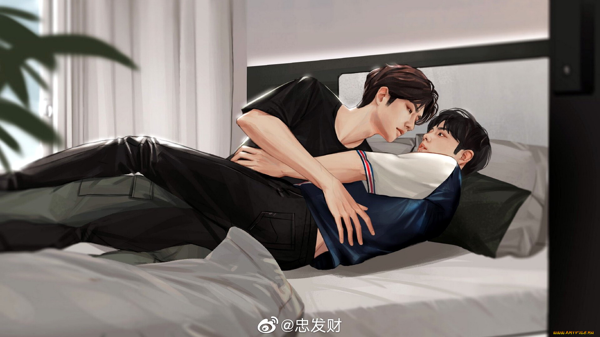 рисованное, люди, парни, кровать