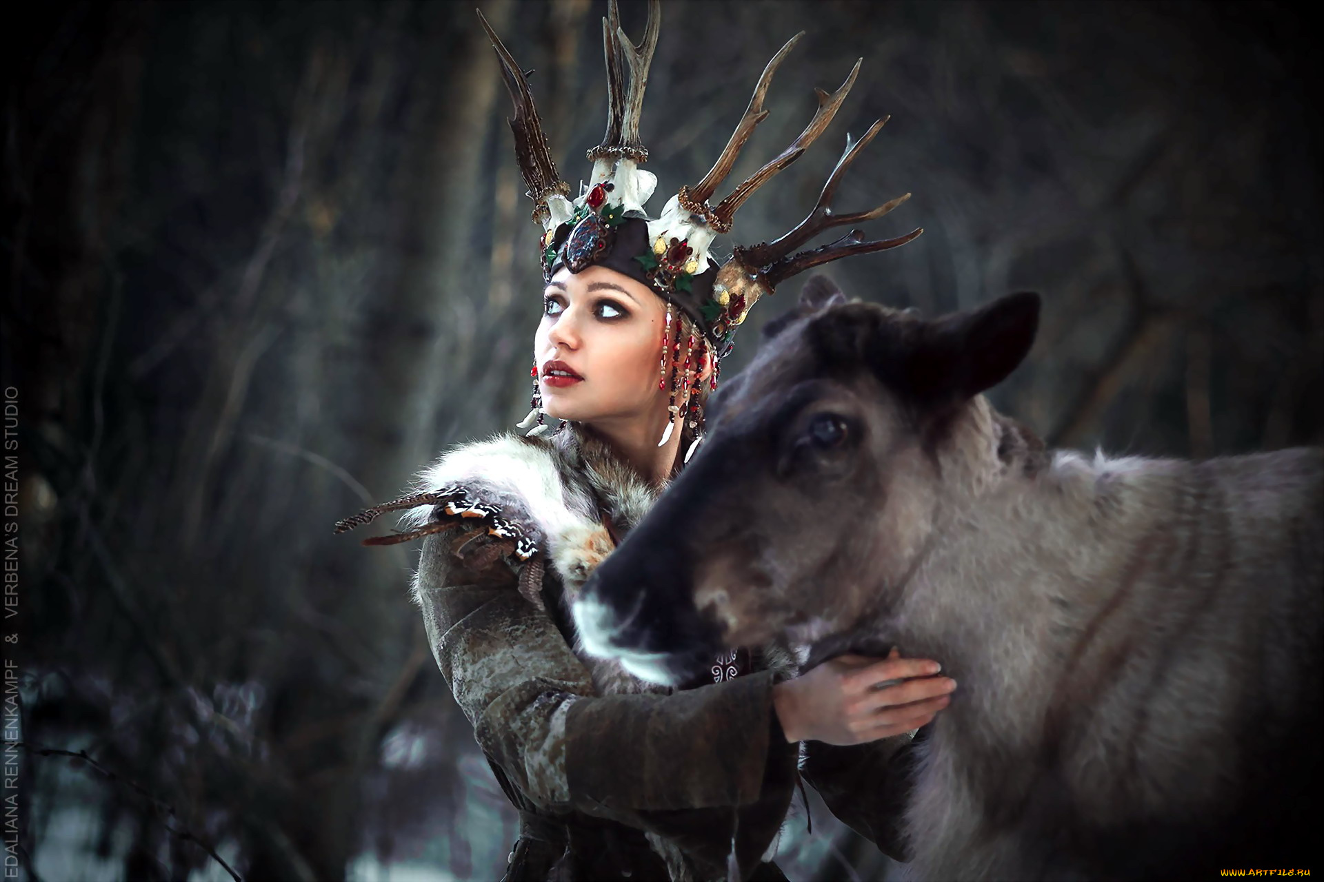 девушки, -, креатив, , косплей, девушка, корона, рога, олень, шуба