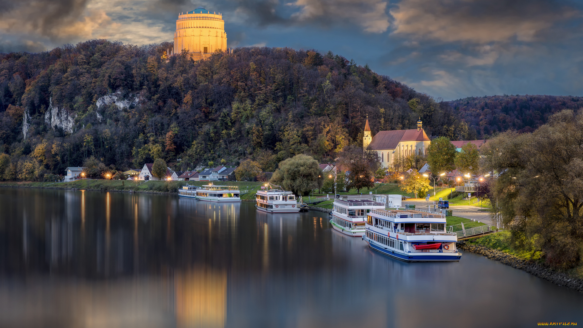 города, -, пейзажи, befreiungshalle, зал, освобождения, дунай, вечер, закат, кельхайм, бавария, германия, холм, михельсберг