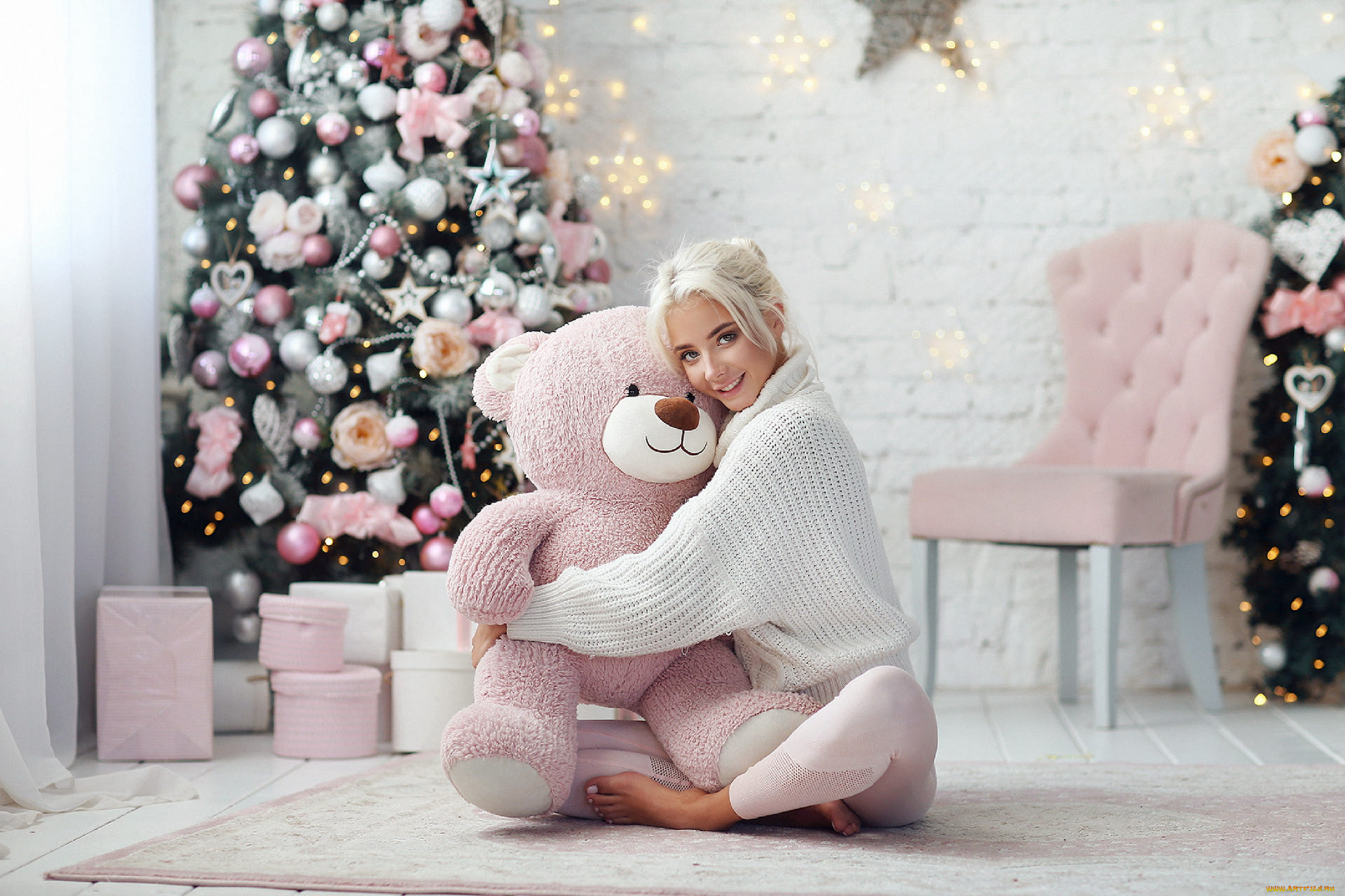 девушки, катерина, ширяева, блондинка, елка, праздник, игрушечный, медведь