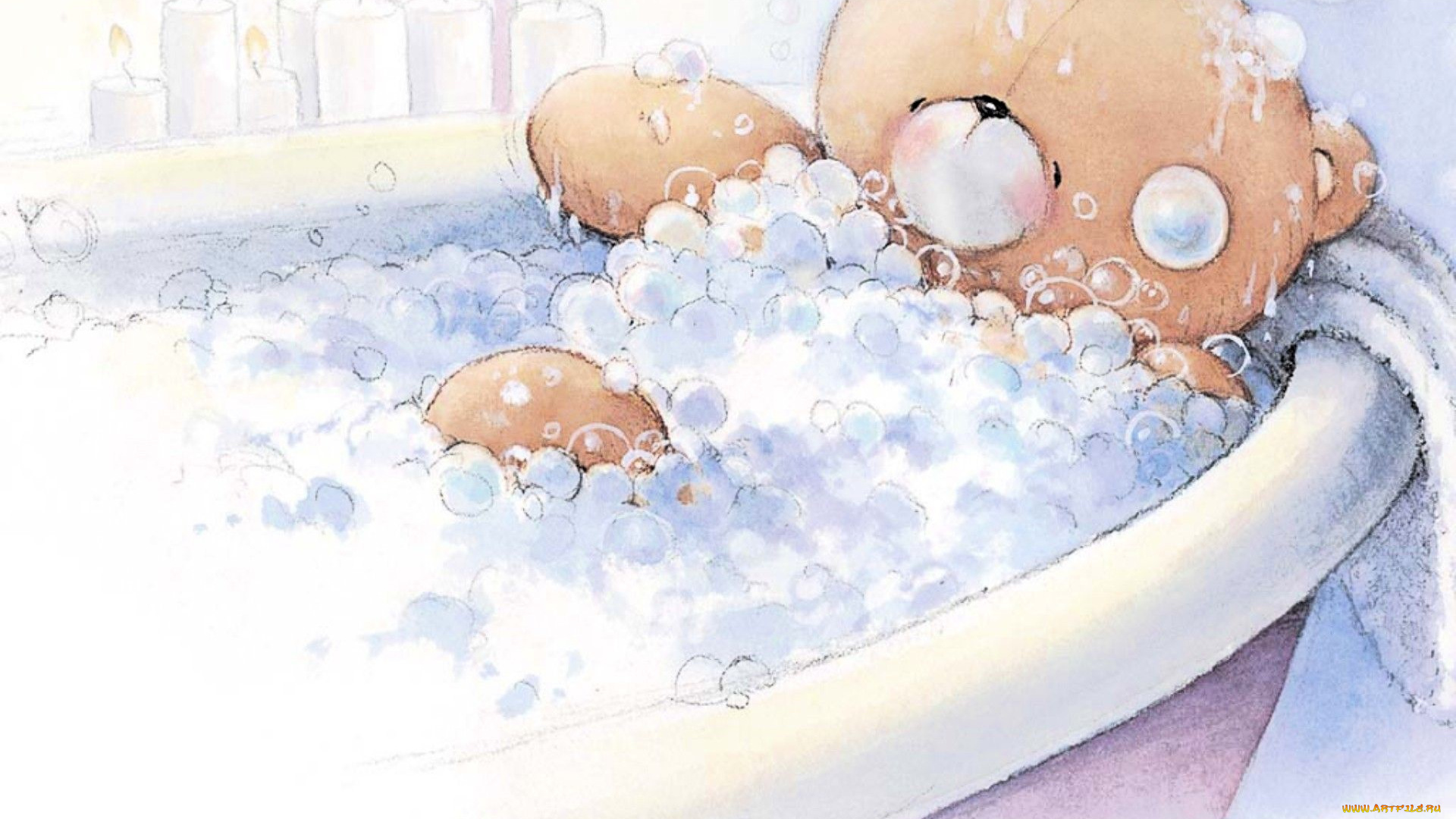 рисованное, мишки, тэдди, мишка, ванна, пена, свечи