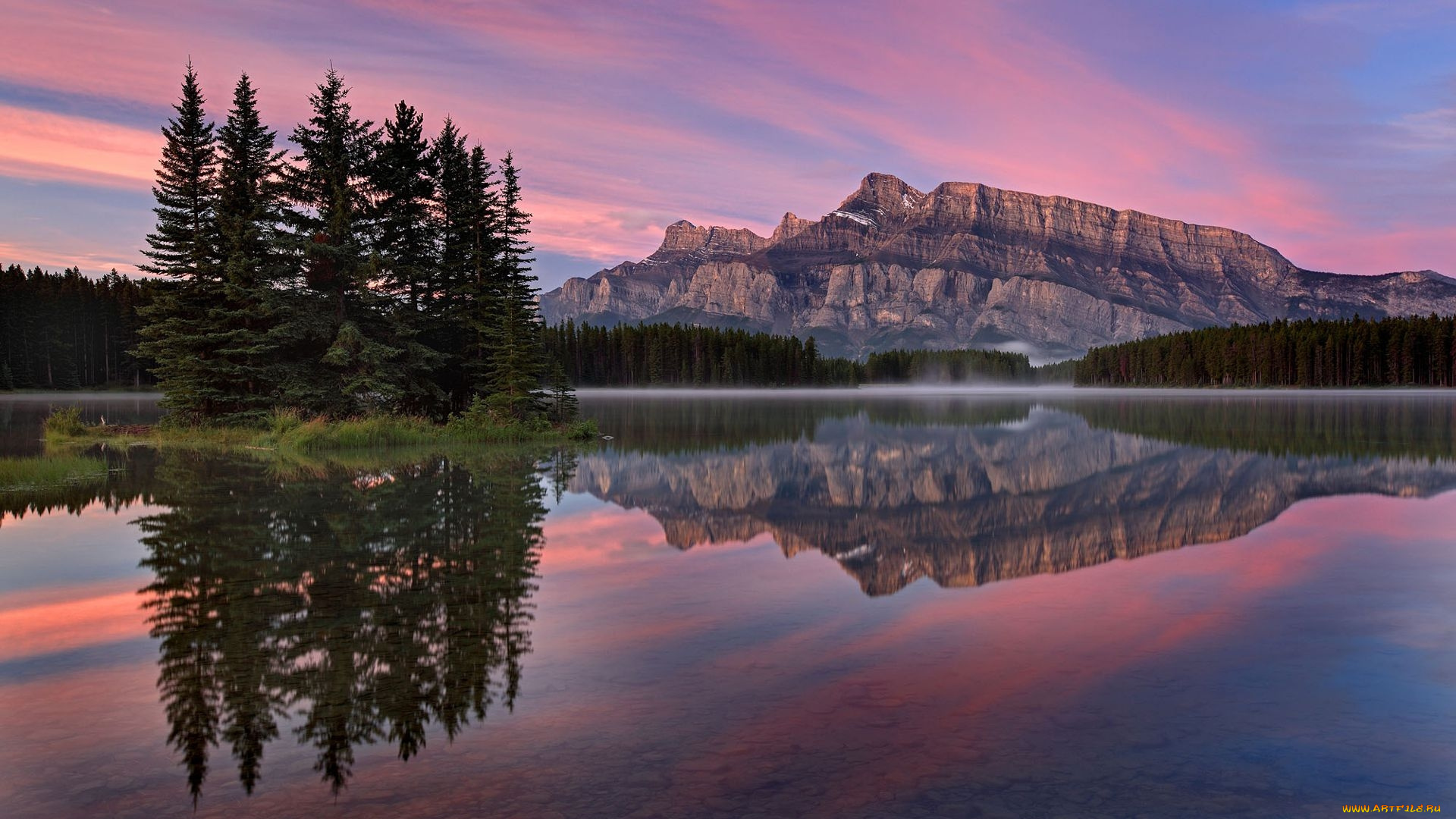 two, jack, lake, mount, rundle, alberta, природа, реки, озера, two, jack, lake, mount, rundle