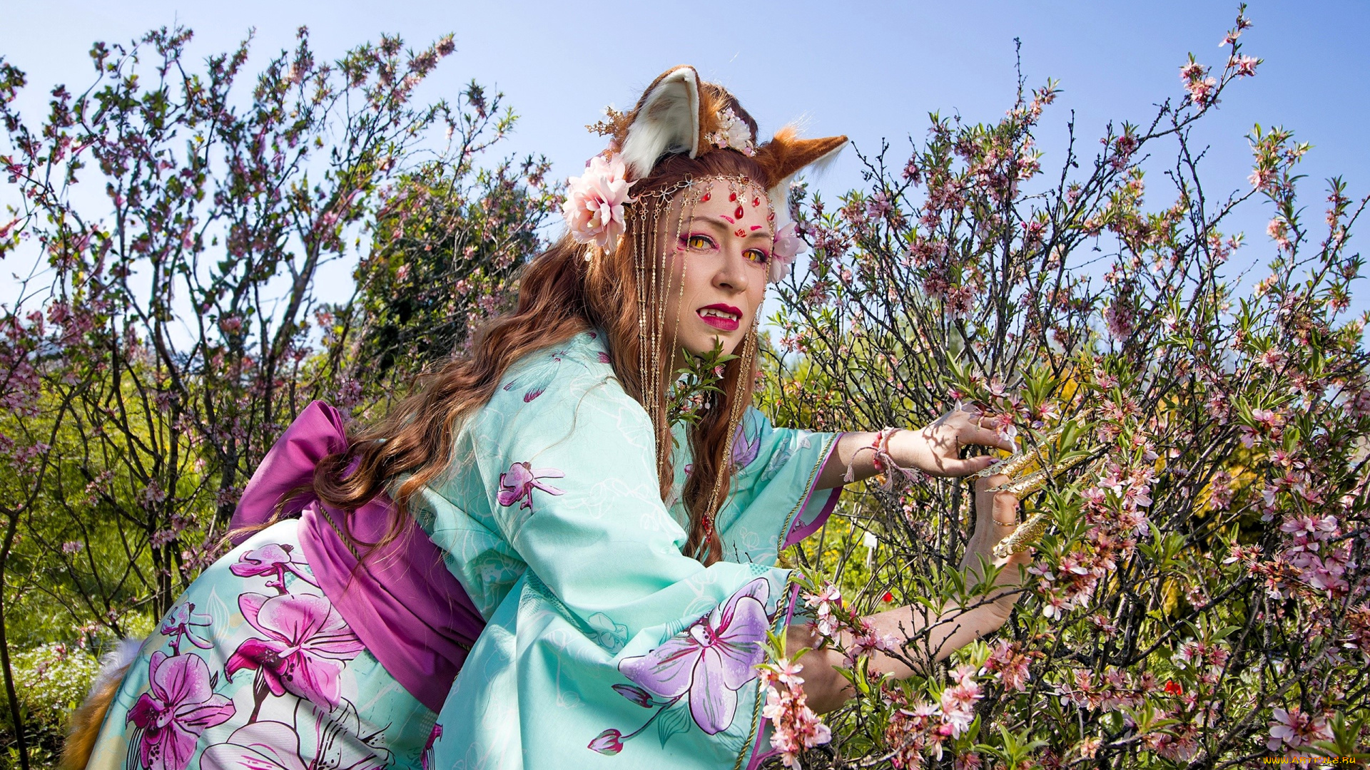 девушки, юлия, огородникова, образ, наряд, костюм, косплей, ушки, кимоно, кусты