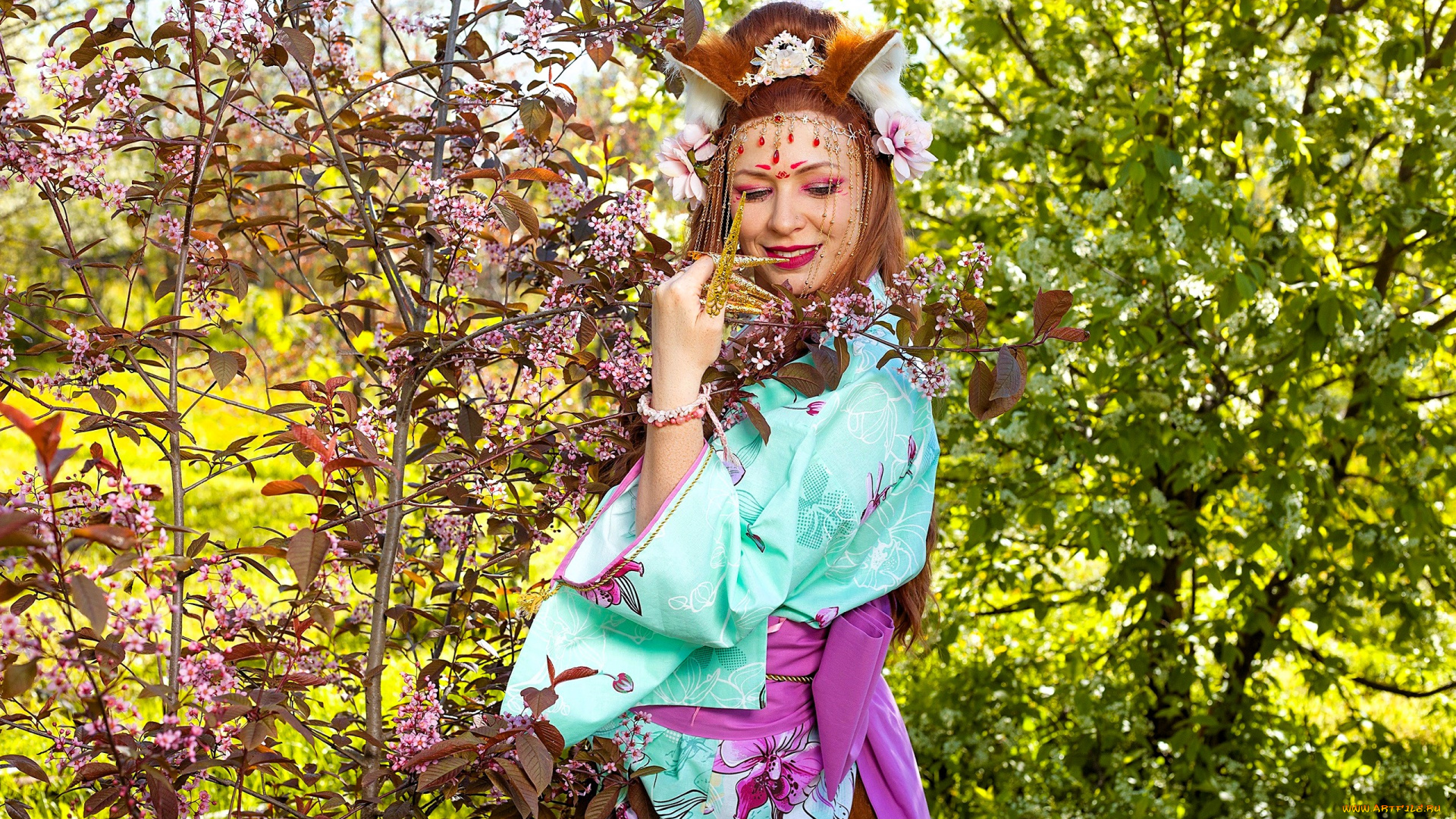 девушки, юлия, огородникова, образ, наряд, костюм, косплей, ушки, кимоно, кусты