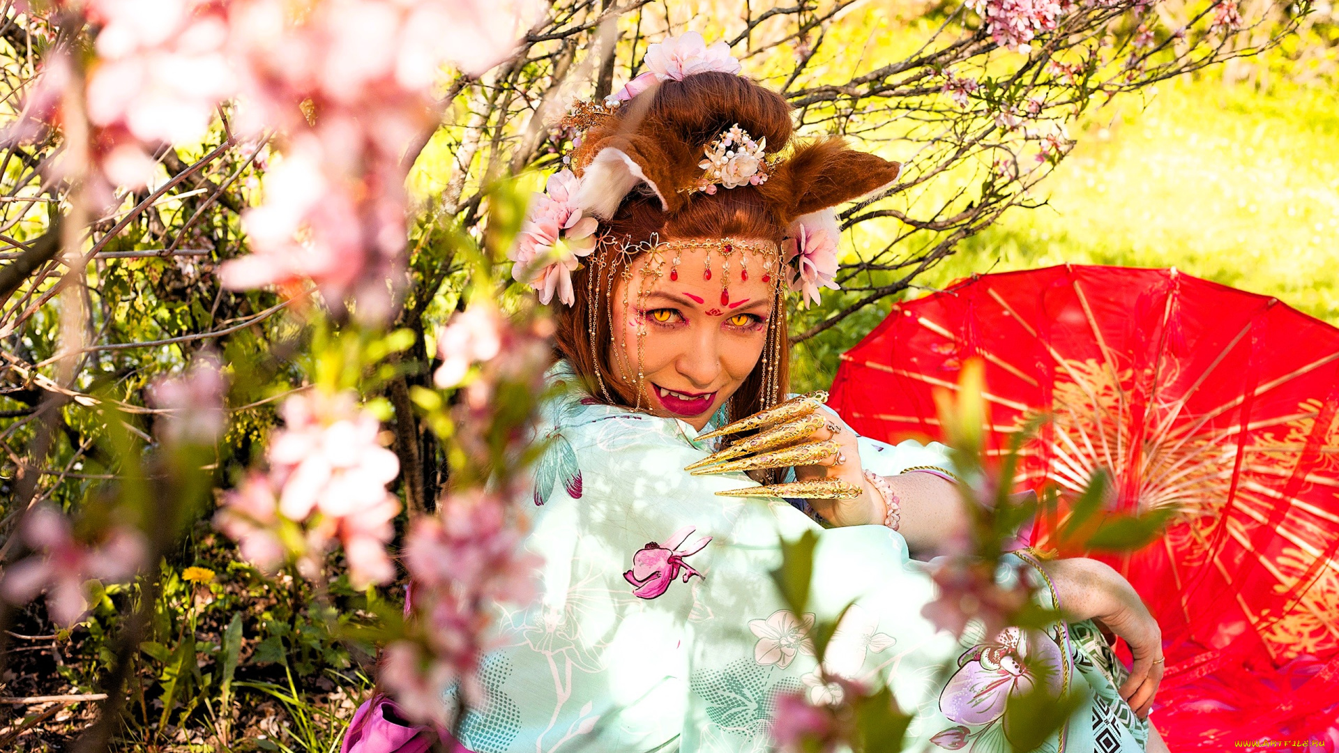 девушки, юлия, огородникова, образ, наряд, костюм, косплей, ушки, кимоно, зонт, кусты