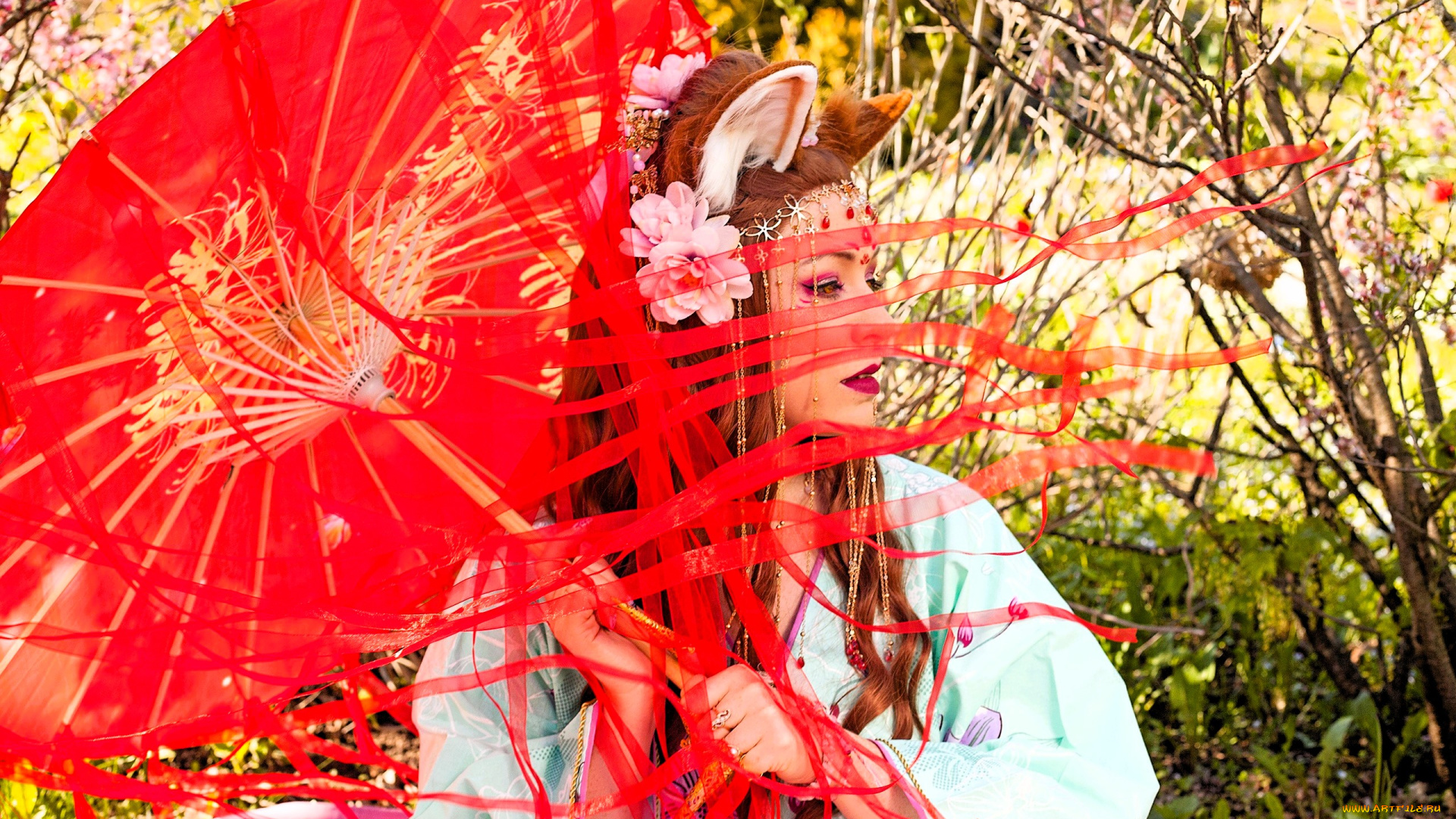 девушки, юлия, огородникова, образ, наряд, костюм, косплей, ушки, кимоно, зонт, ленты, кусты