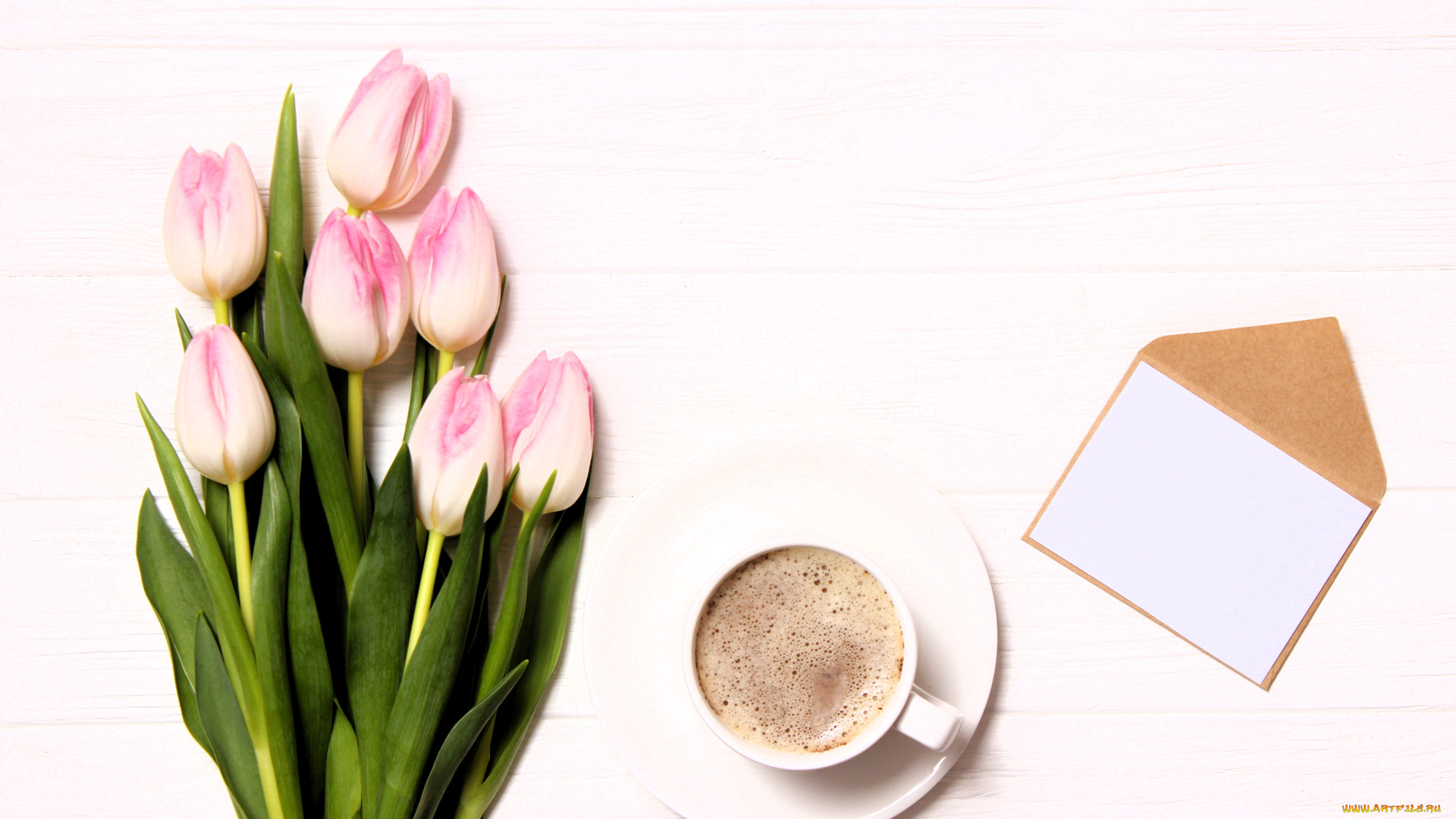 праздничные, международный, женский, день, -, 8, марта, тюльпаны, букет, кофе, чашка, блюдце, конверт
