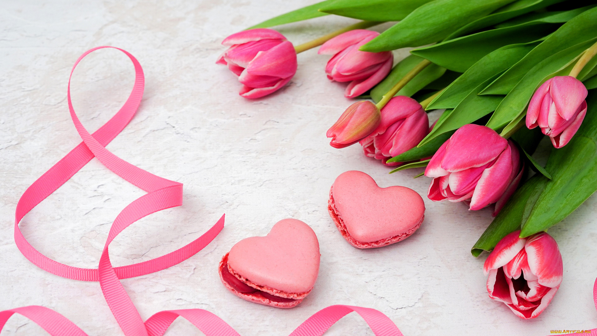 праздничные, международный, женский, день, -, 8, марта, лента, макаруны, букет, тюльпаны