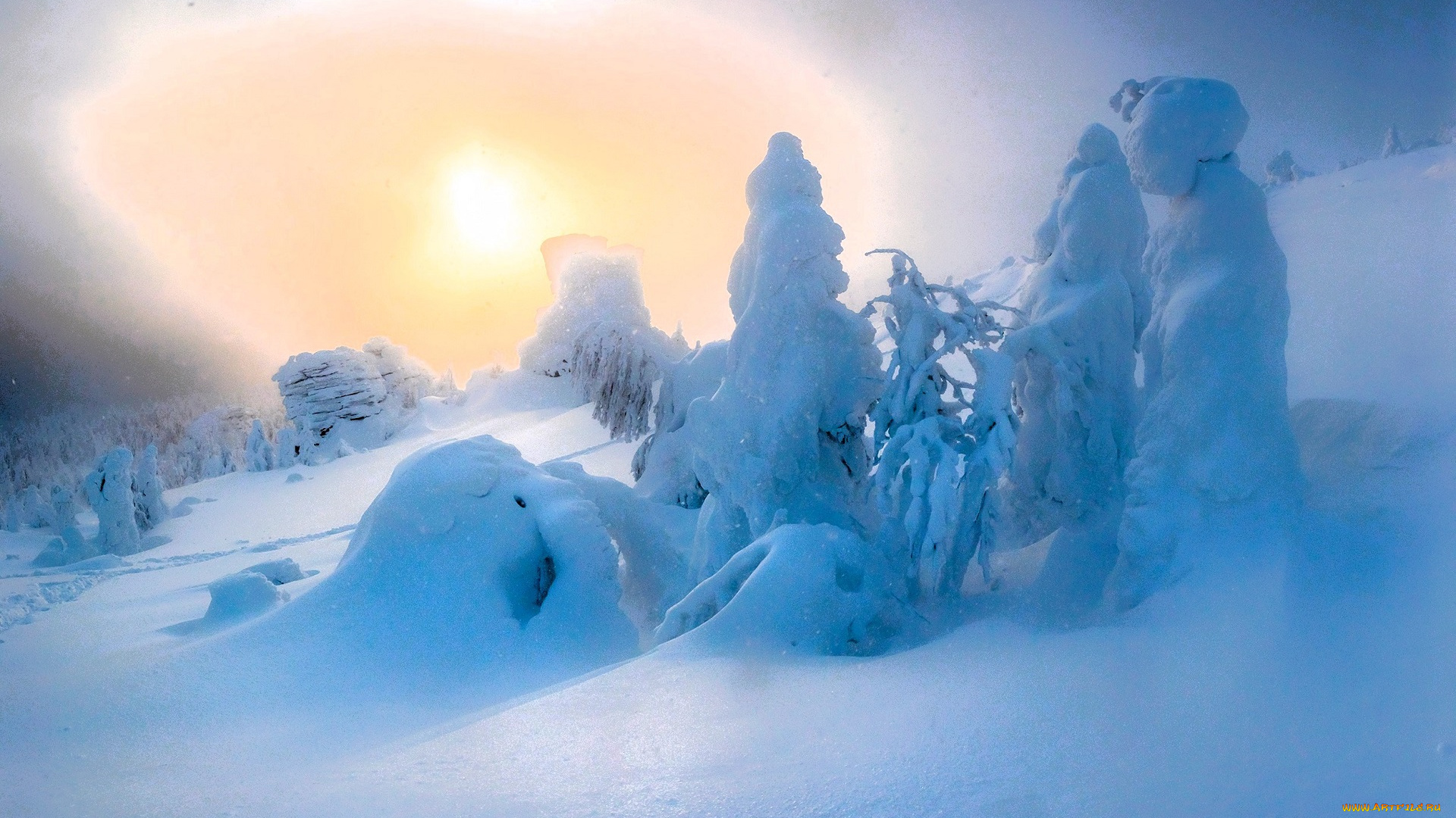 природа, зима, снег, деревья, склон