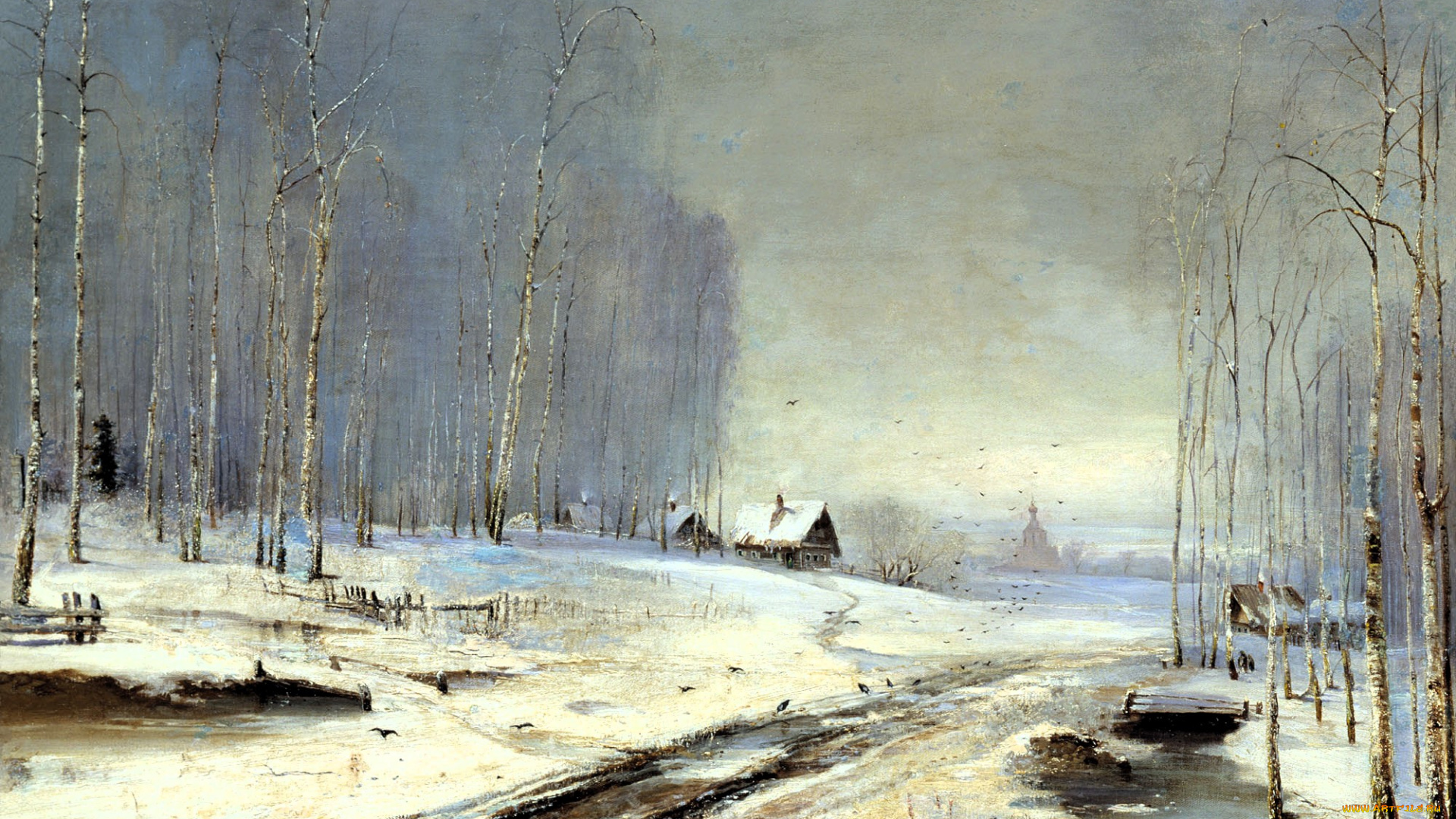 саврасов, алексей, -, распутица, рисованное, алексей, саврасов, снег, деревья, дома, дорога, грязь, лужи