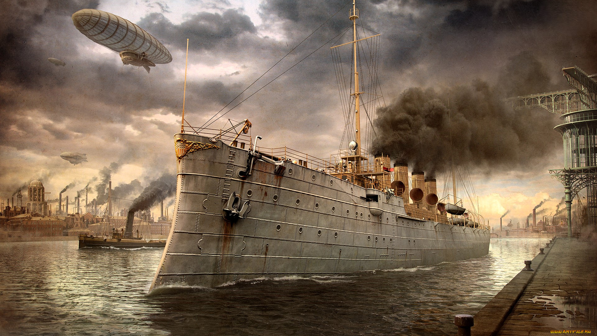 видео, игры, world, of, warships, корабли, дым, трубы, река, заводы, дирижабль