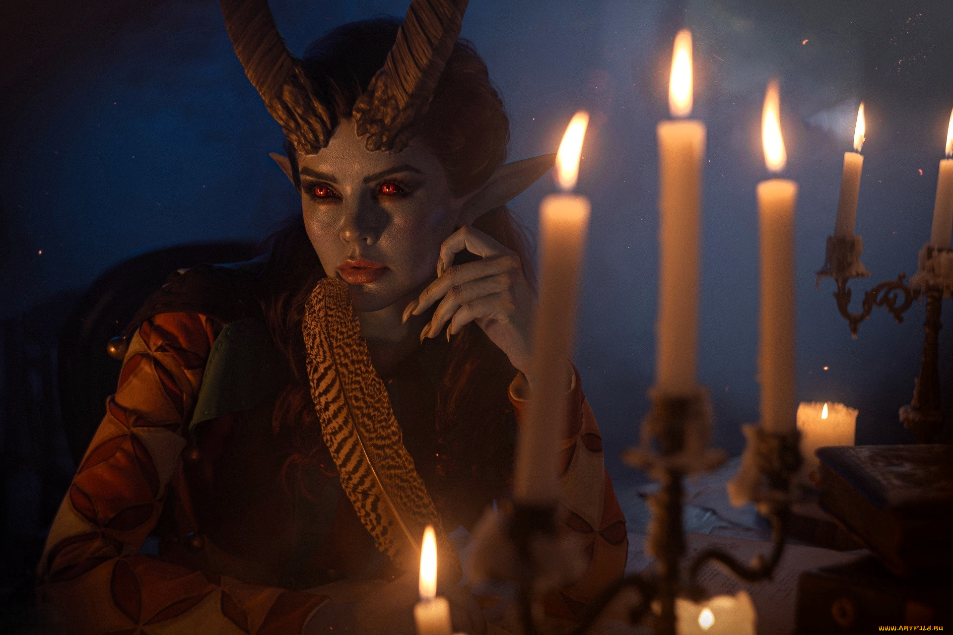 asami, gate, девушки, -, креатив, , косплей, образ, косплей, наряд, рога, свечи, перо