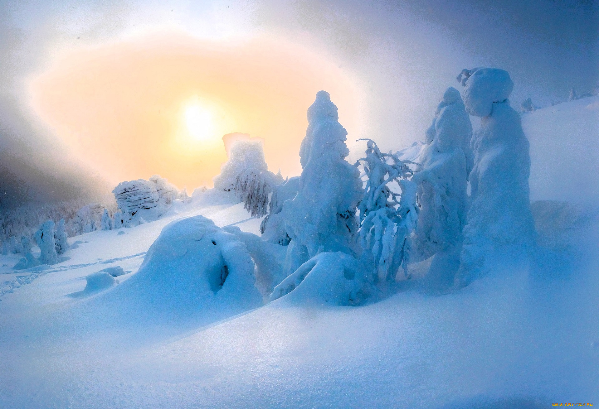 природа, зима, снег, деревья, склон