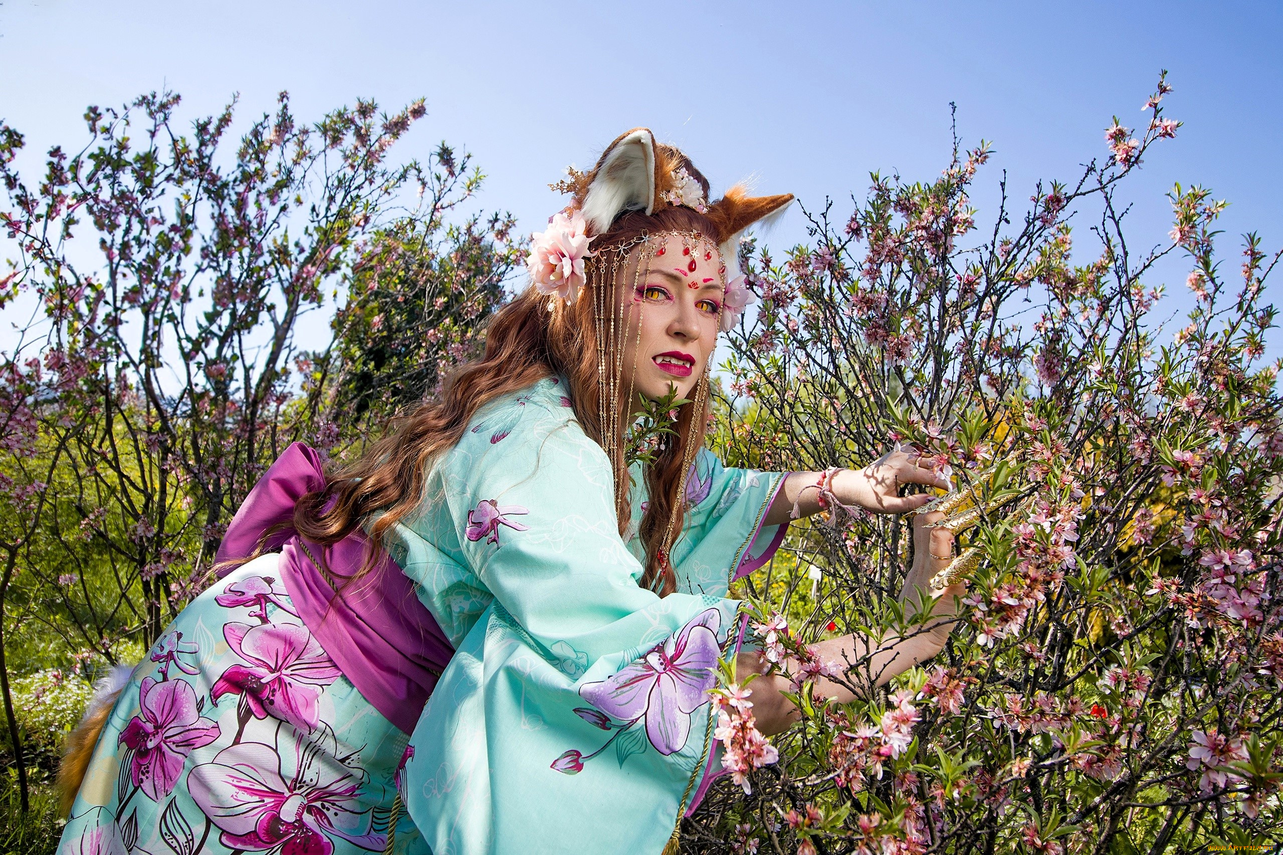 девушки, юлия, огородникова, образ, наряд, костюм, косплей, ушки, кимоно, кусты