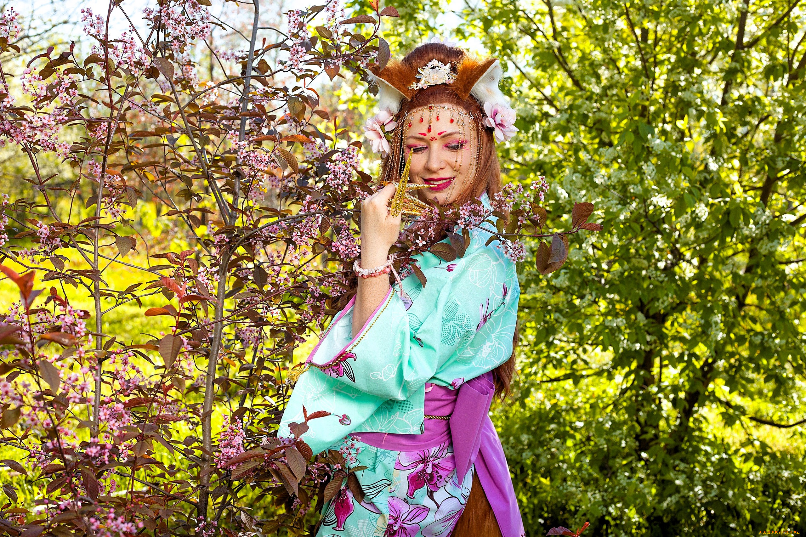 девушки, юлия, огородникова, образ, наряд, костюм, косплей, ушки, кимоно, кусты