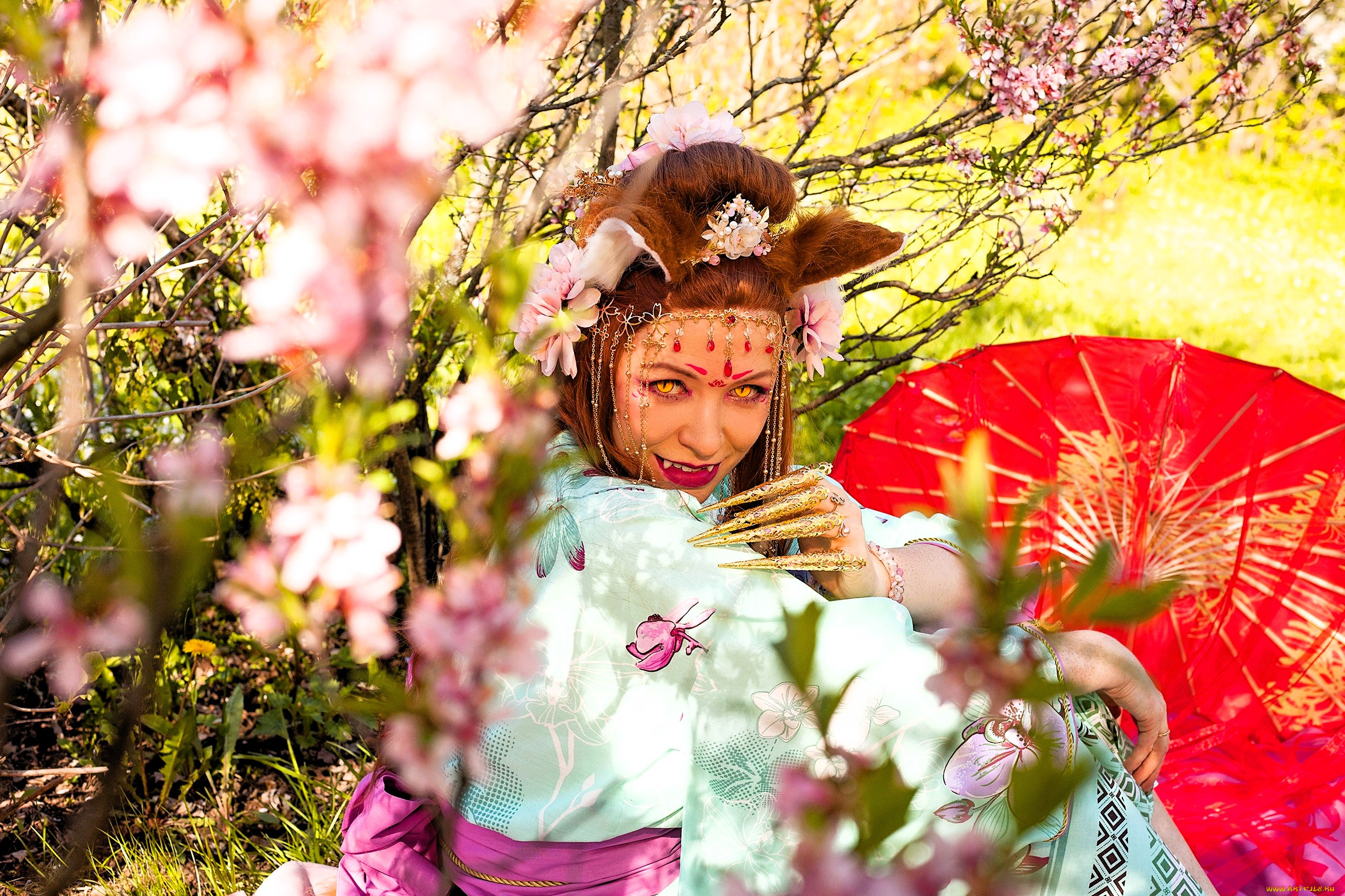 девушки, юлия, огородникова, образ, наряд, костюм, косплей, ушки, кимоно, зонт, кусты