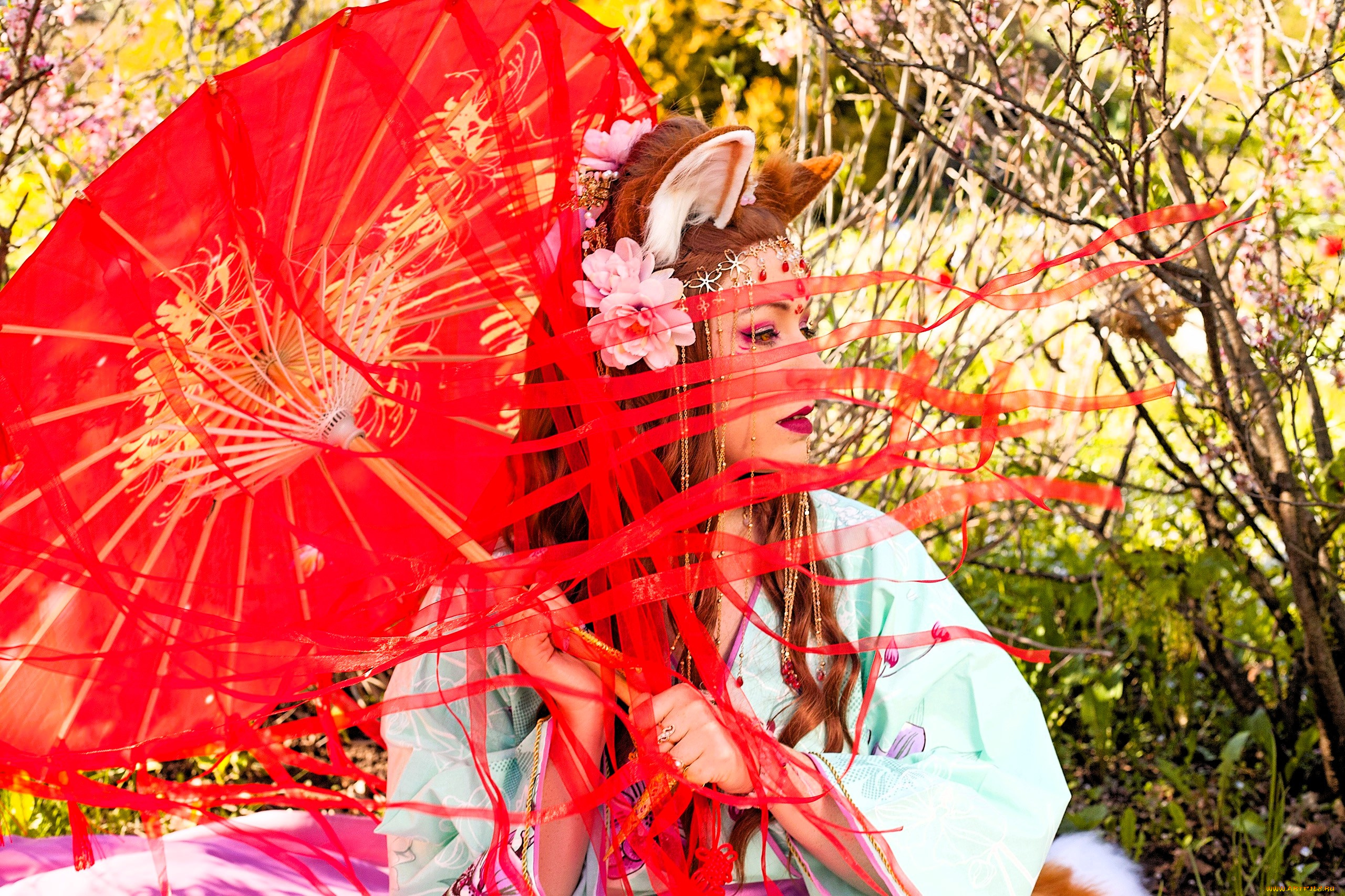девушки, юлия, огородникова, образ, наряд, костюм, косплей, ушки, кимоно, зонт, ленты, кусты