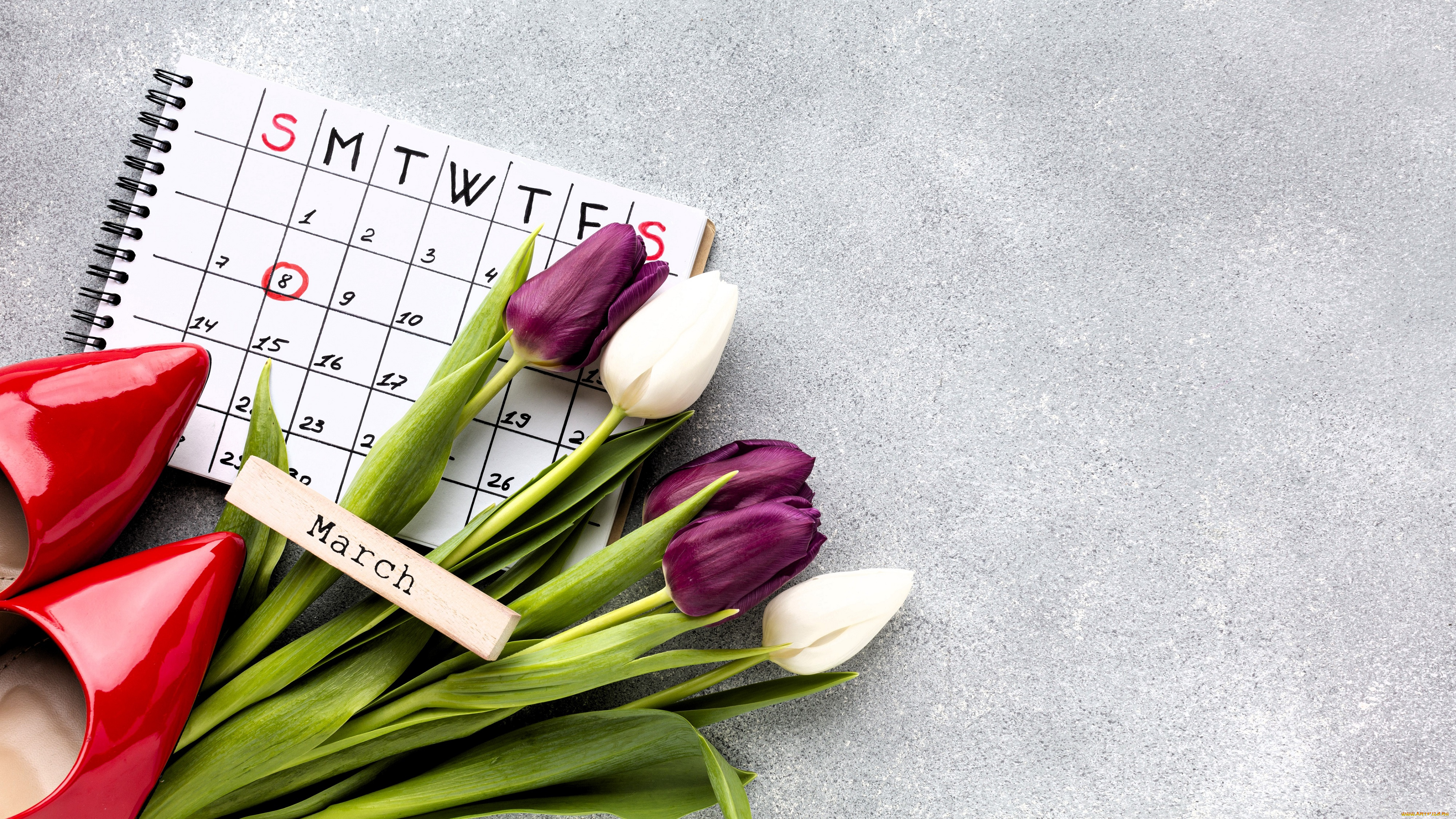 праздничные, международный, женский, день, -, 8, марта, календарь, букет, тюльпаны, туфли