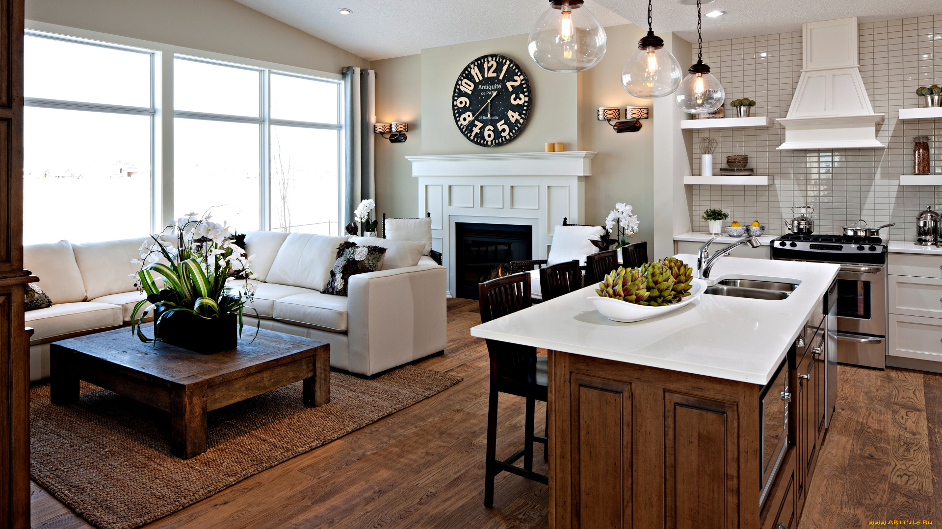 интерьер, другое, кухня, гостиная, диван, цветы, светильники, плита, камин