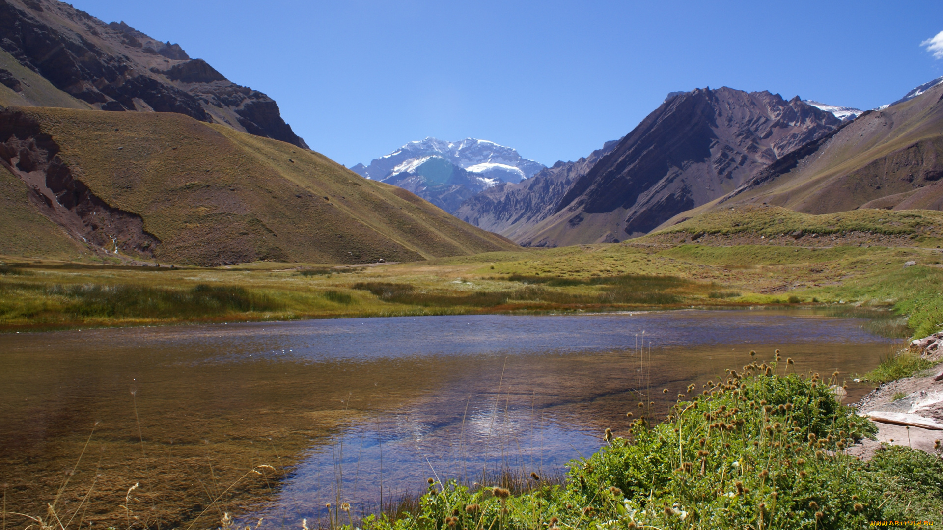 природа, горы, озеро, трава, небо