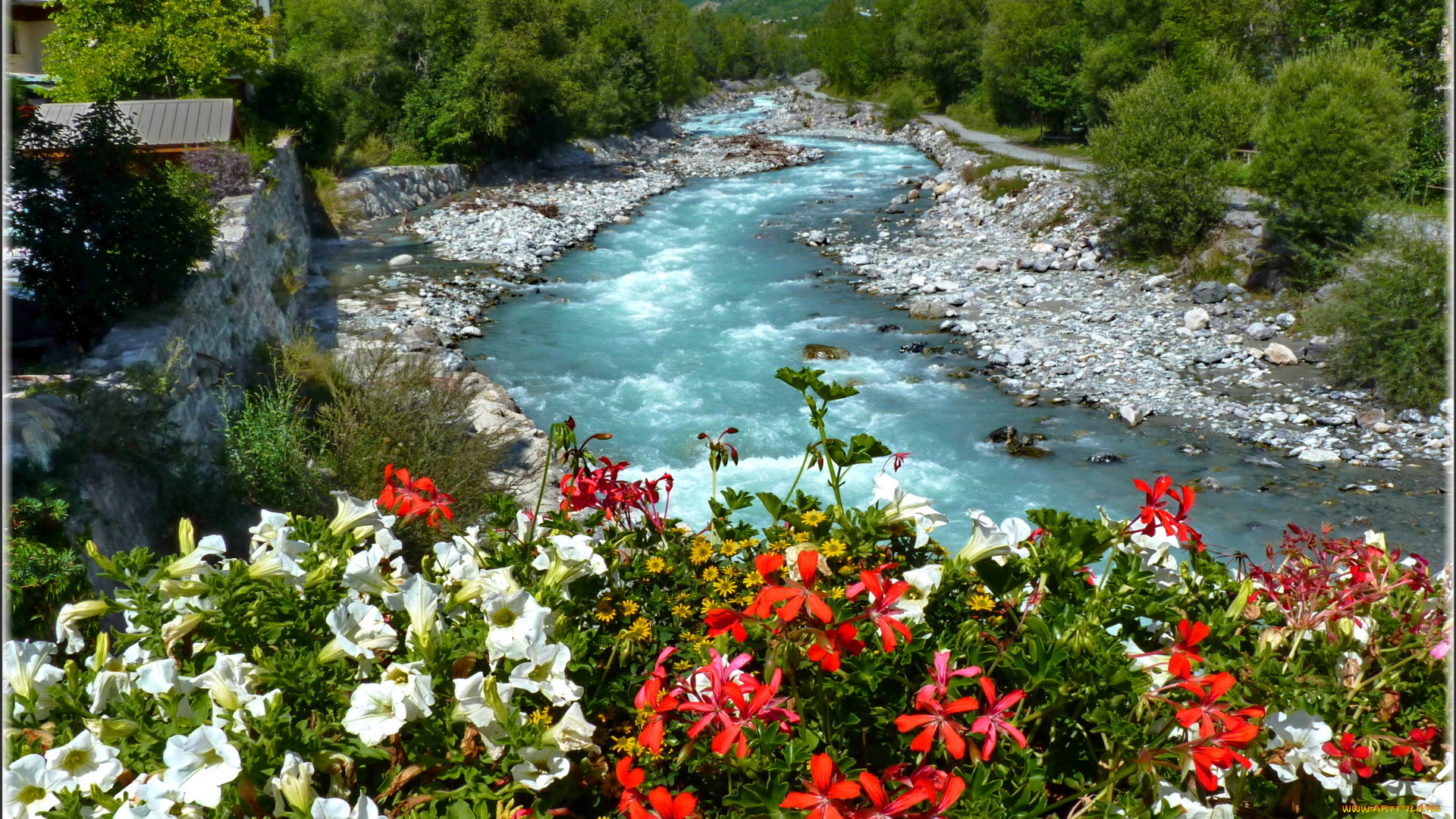 природа, реки, озера, франция, валуиз, река, берега, цветы, русло, деревья, камни