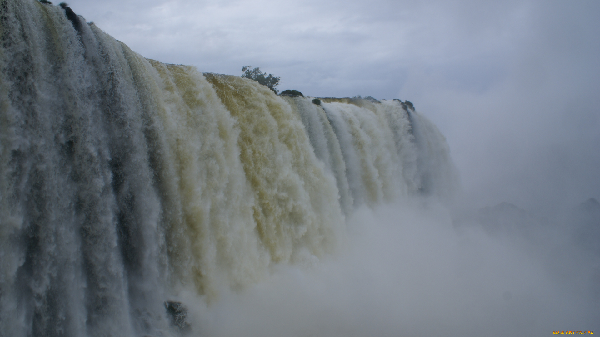 природа, водопады, водопад, туман, обрыв, сумерки