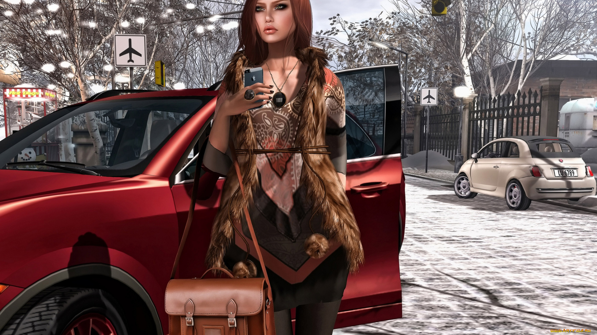 3д, графика, people, люди, девушка, сумка, авто, телефон, улица