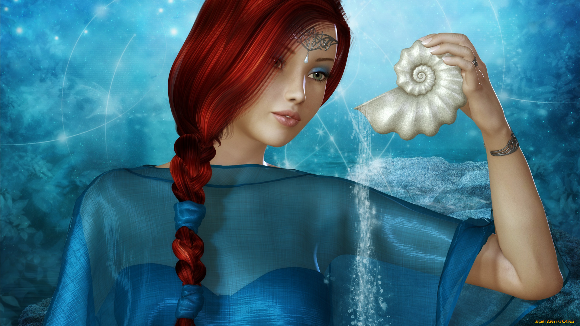 3д, графика, people, люди, огоньки, ренденринг, девушка, лицо, взгляд, красные, волосы, косичка, ракушка, вода, украшения, фон