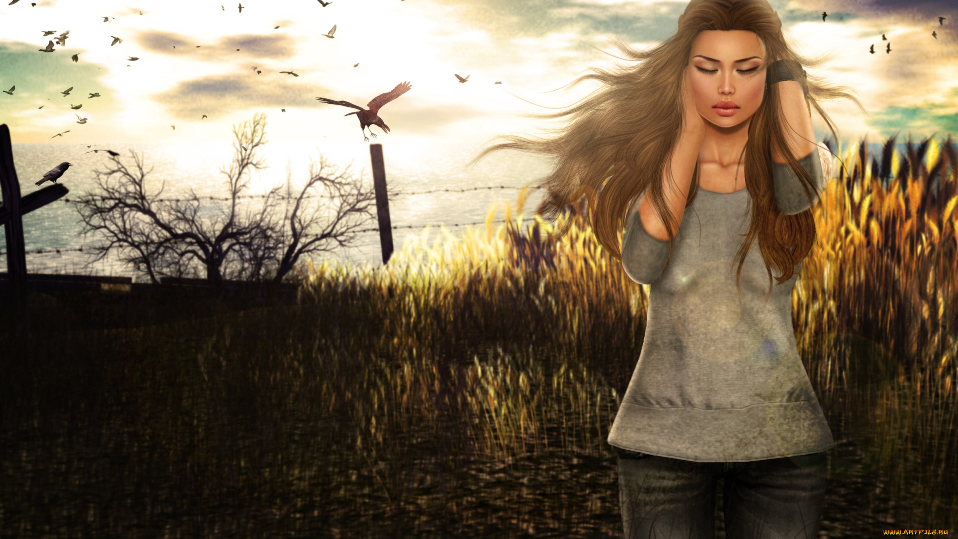 3д, графика, people, люди, вороны, волосы, девушка