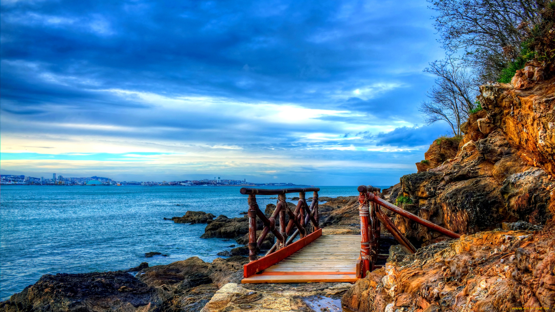 sea, bridge, природа, побережье, скалистый, берег, море, мостик, облака