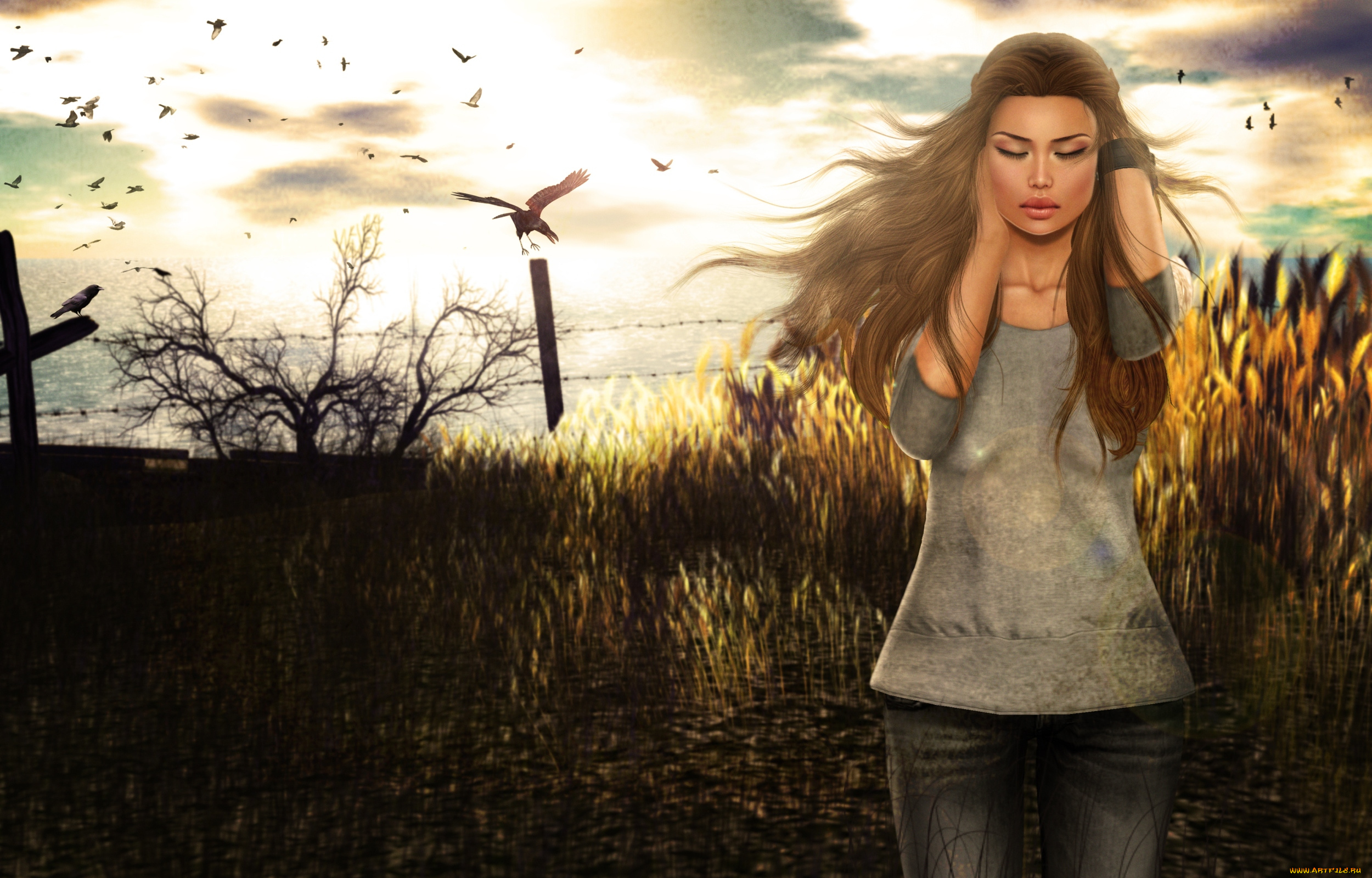 3д, графика, people, люди, вороны, волосы, девушка