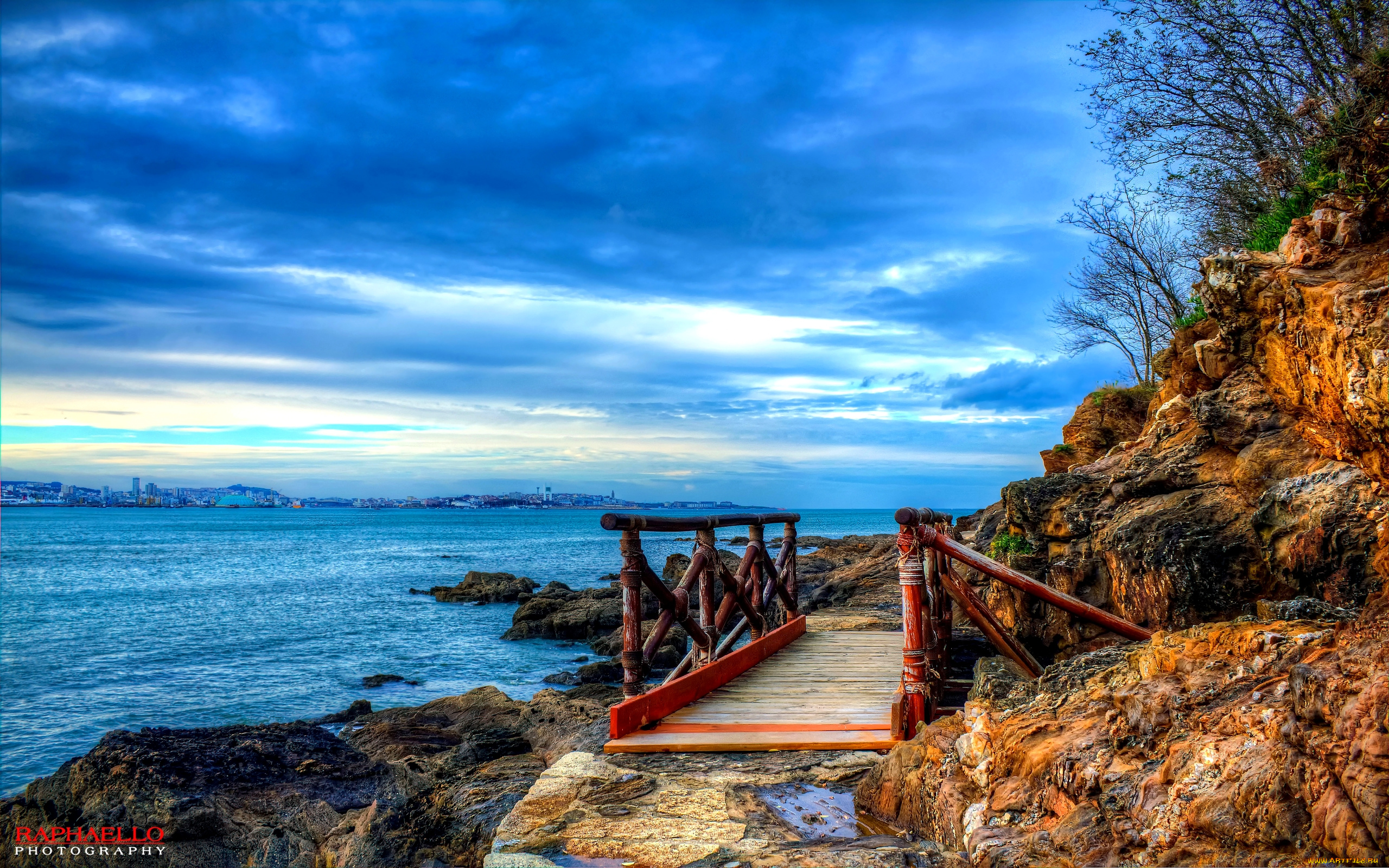 sea, bridge, природа, побережье, скалистый, берег, море, мостик, облака