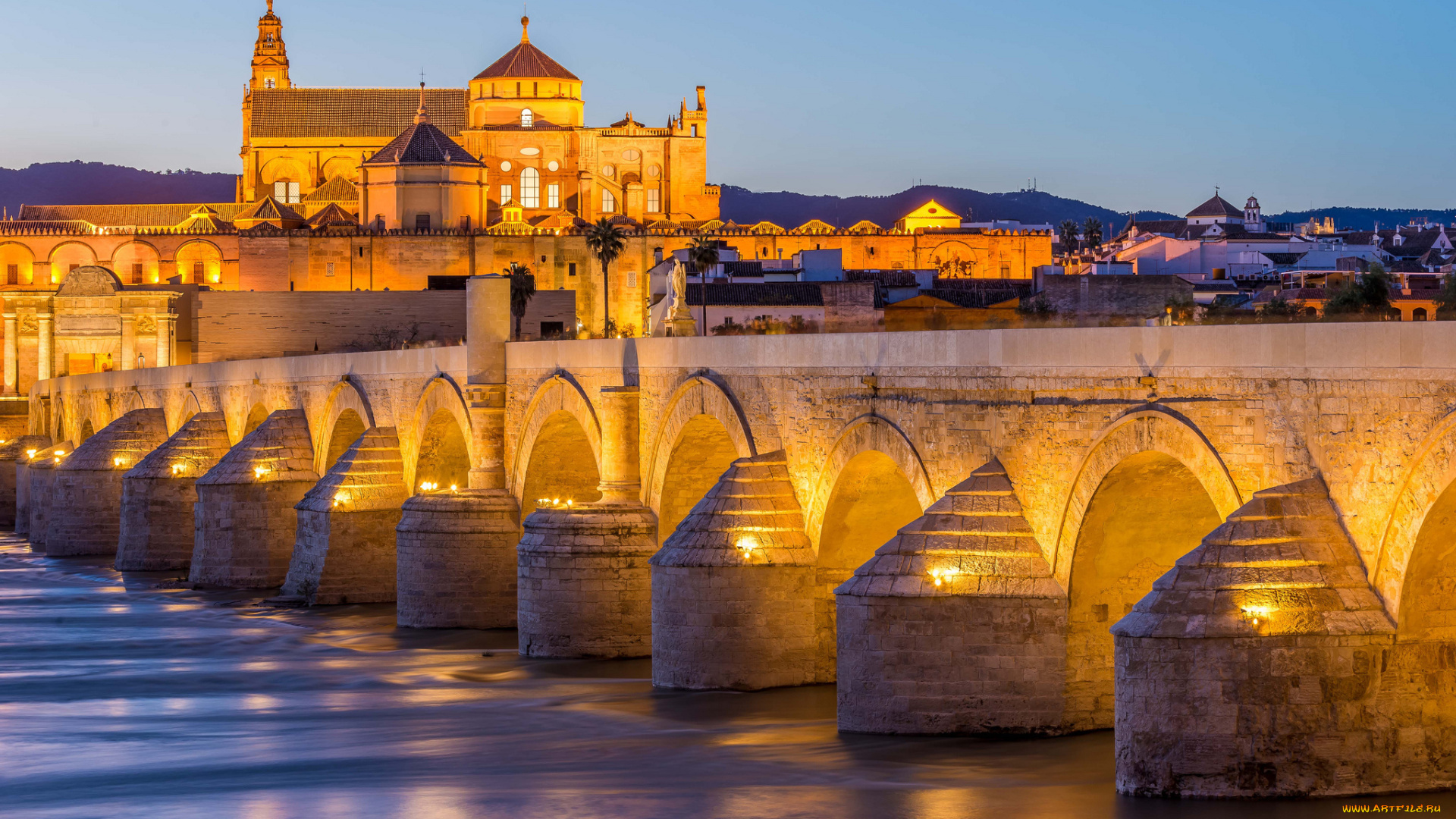города, -, мосты, огни, собор, ночь, мост, кордова, испания, река