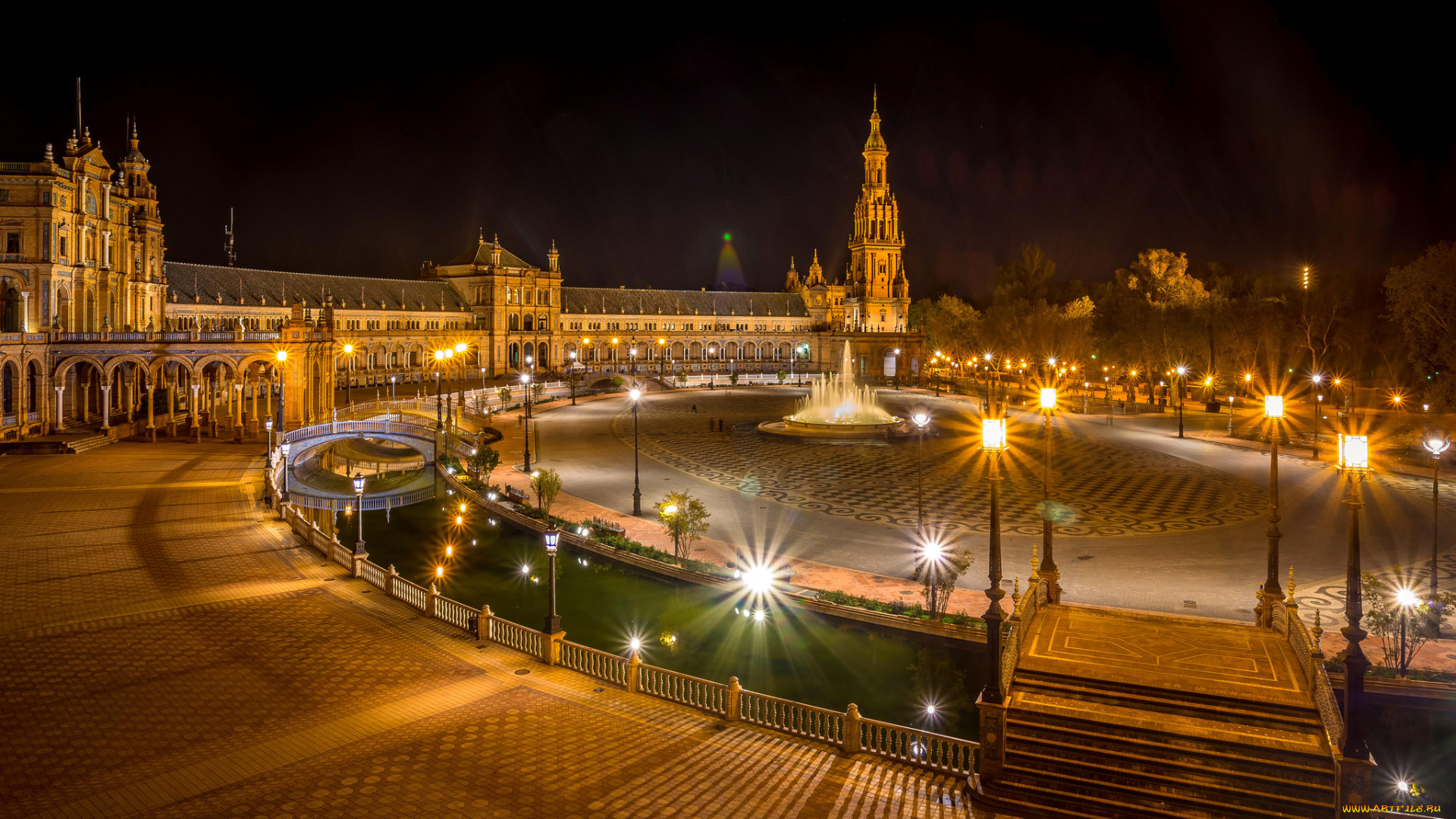 города, севилья, , испания, огни, ночь, площадь, испании, севилья