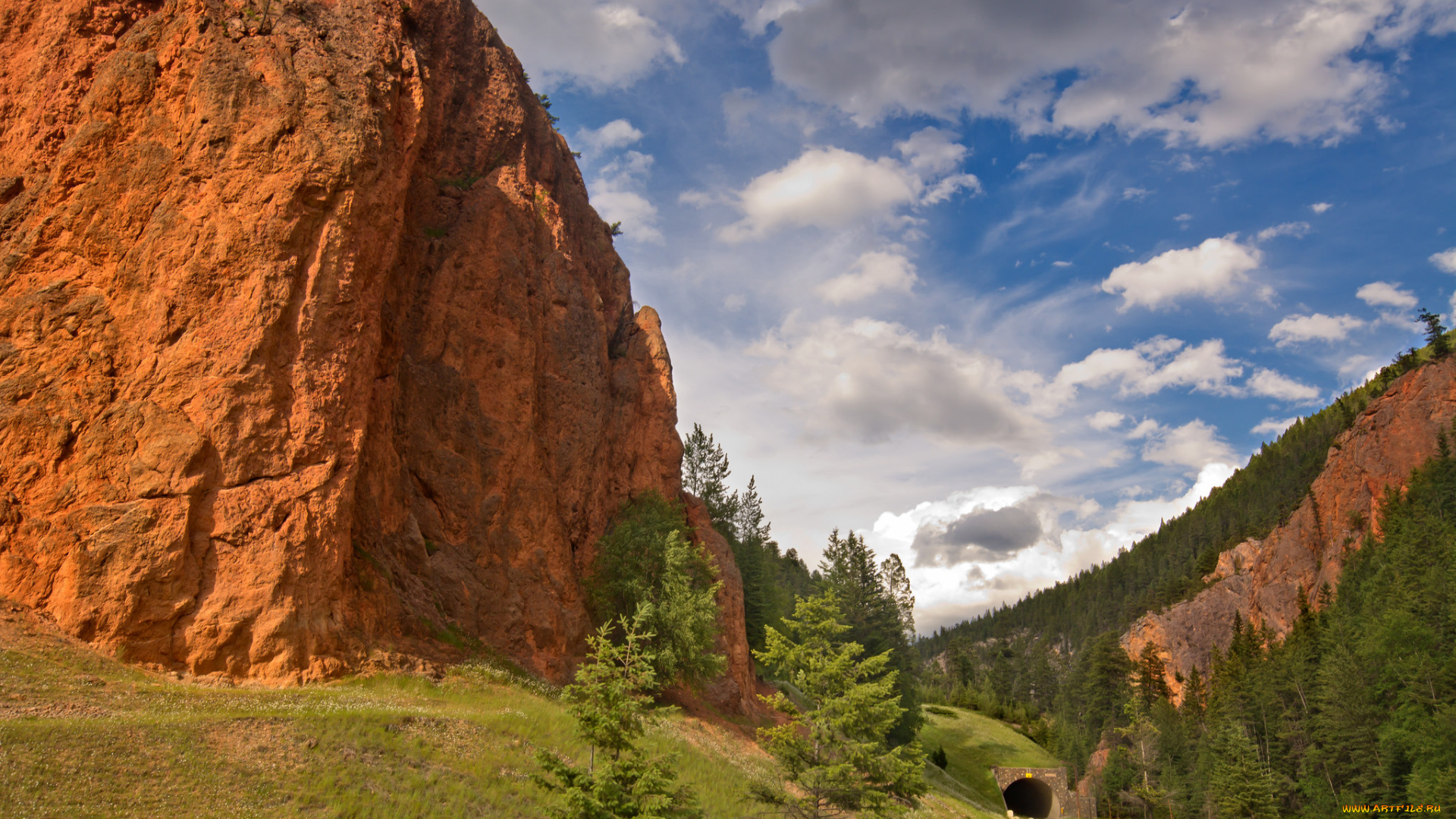 природа, горы, дорога, тоннель, скалы, небо, облака
