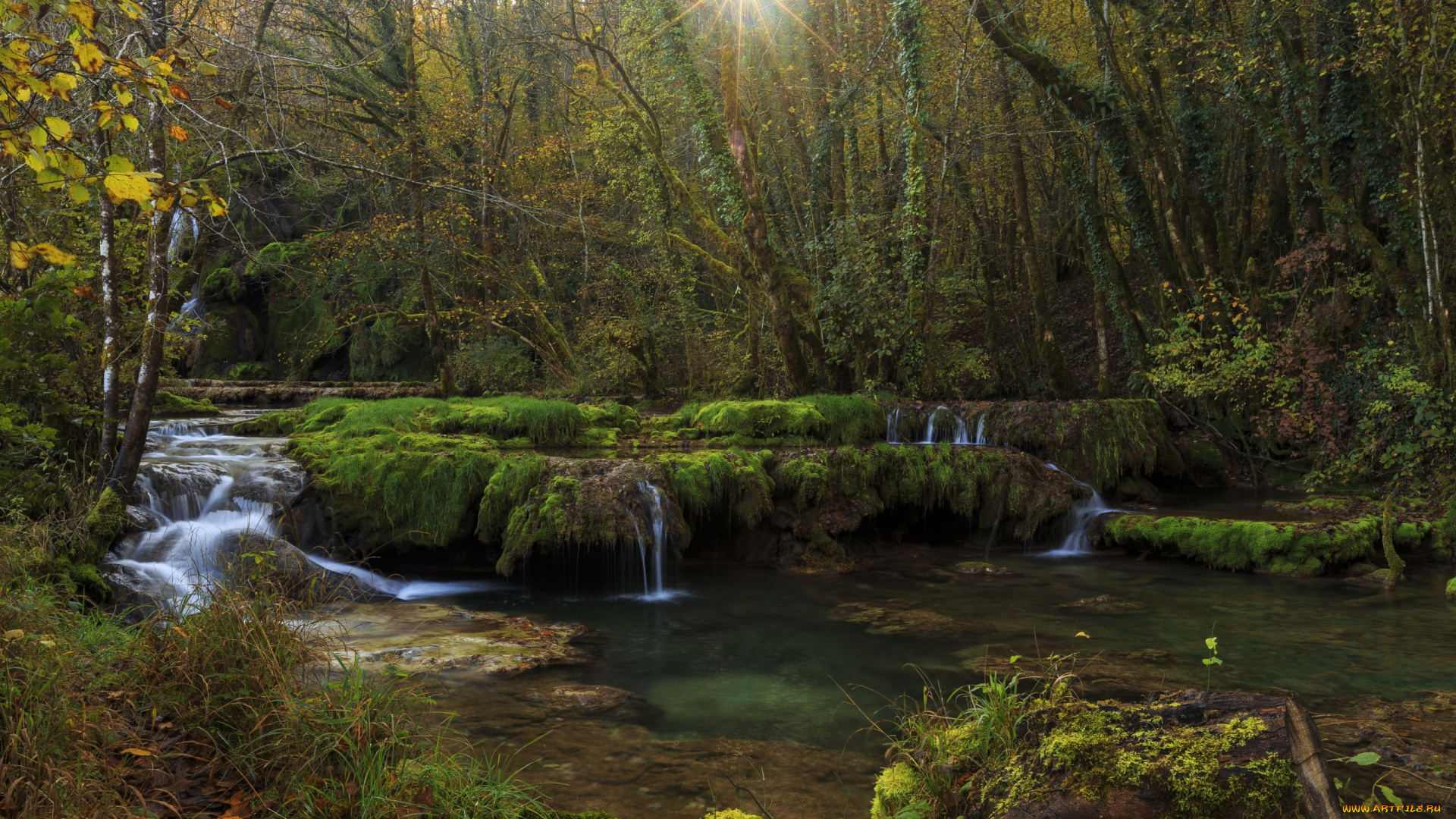 природа, реки, озера, лучи, солнца, деревья, ручей, водопад, лес, франция, jura, franche-comte