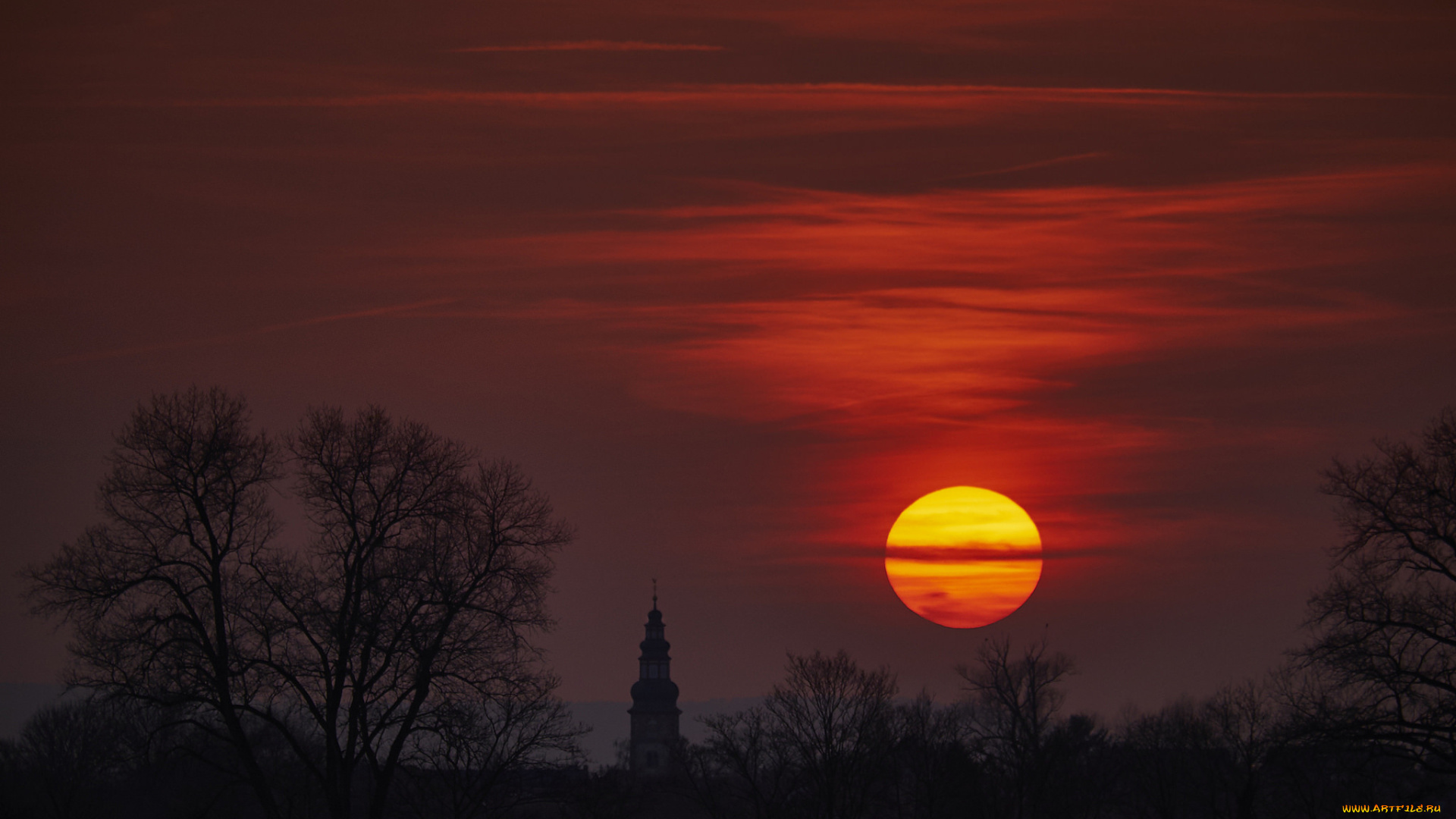 природа, восходы, закаты, красное, поляна, лес, германия, закат, солнце, деревья, церквушка, храм, вечер, небо