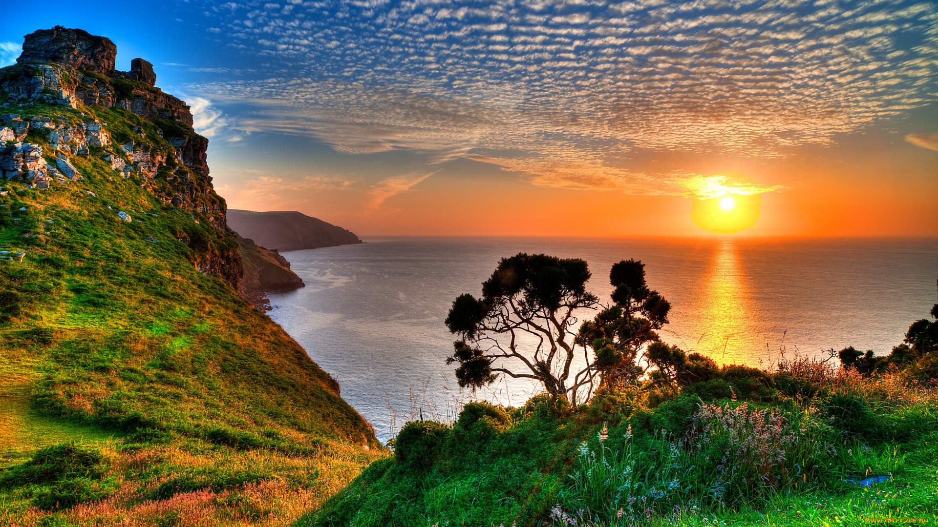 природа, восходы, закаты, солнце, облака, небо, закат, эксмур, exmoor, gb, дерево, отражение, горы, скалы, трава, горизонт, море