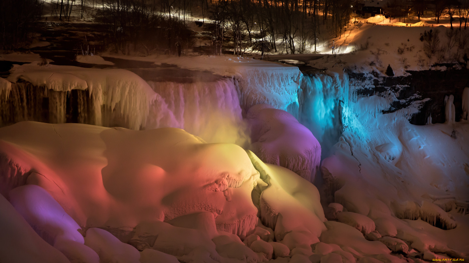 природа, зима, подсветка, цвет, свет, лёд